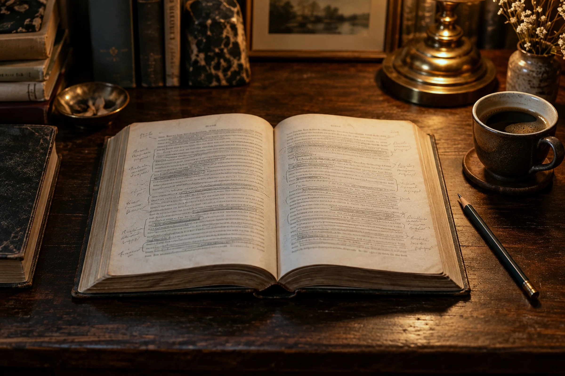 An old paperback with pencil underlining and a pencil resting on the page.