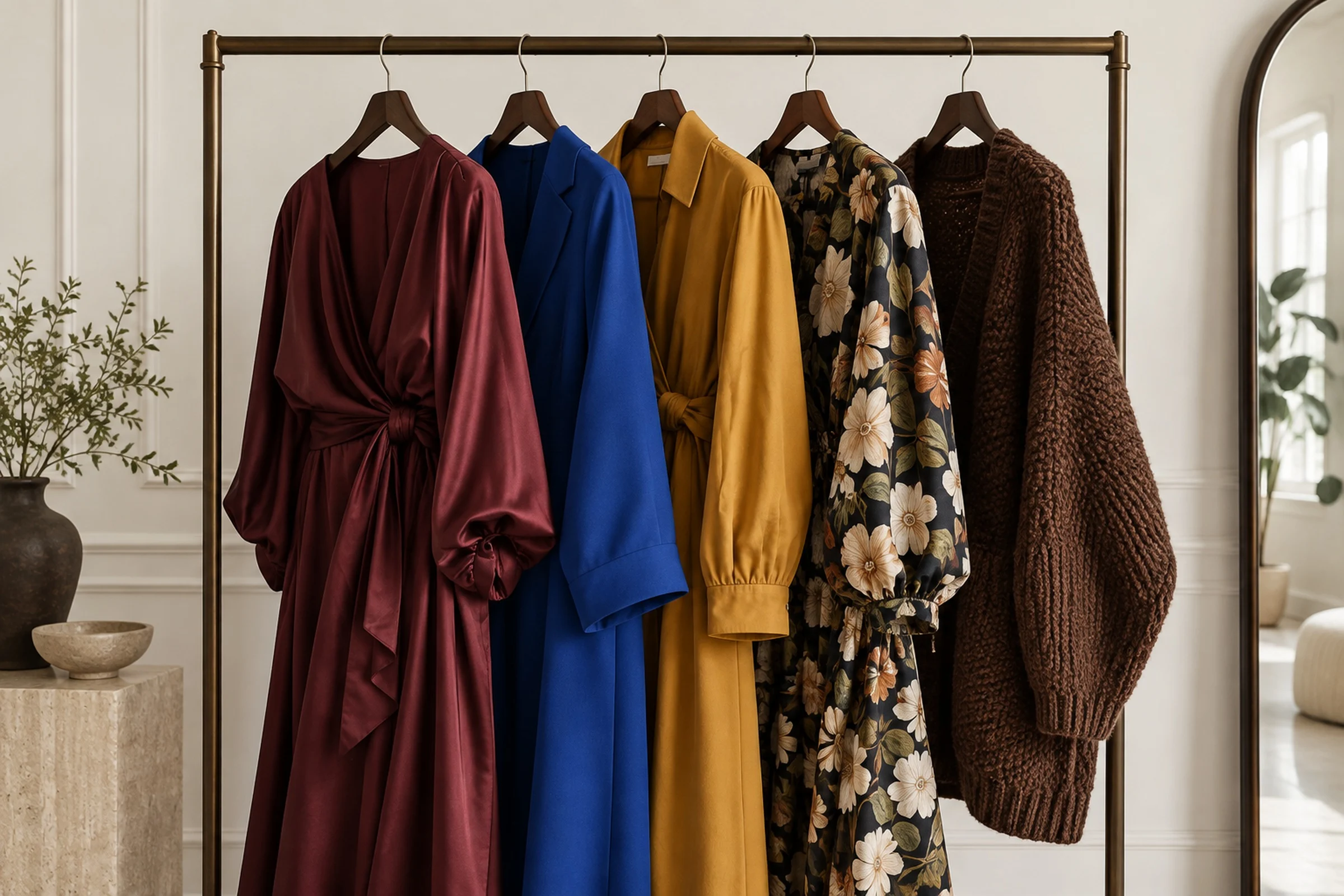 A clothes rail of bold printed dresses and a yellow coat in a sunlit bedroom.