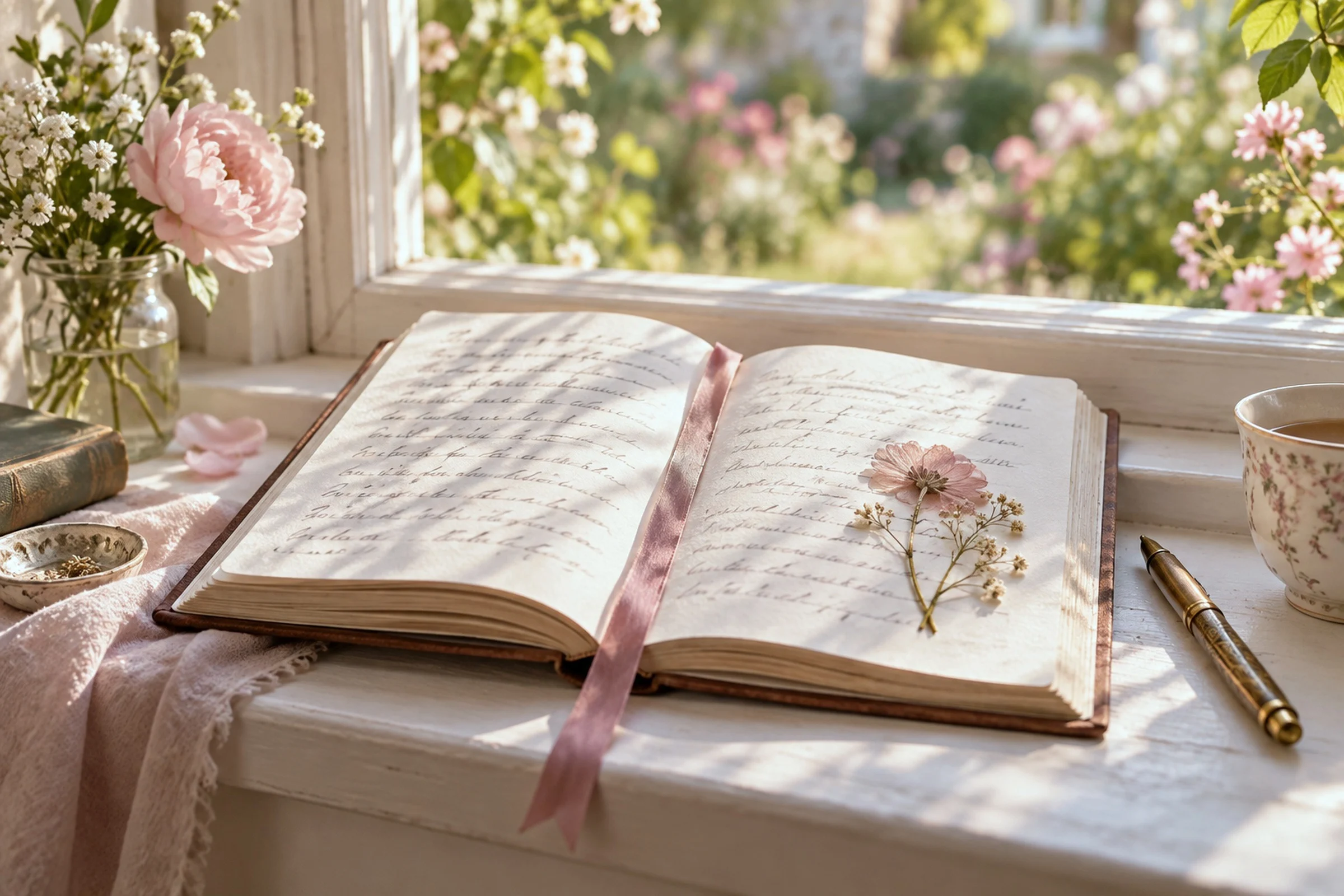 An open diary with a pressed flower and a ribbon bookmark on a windowsill.