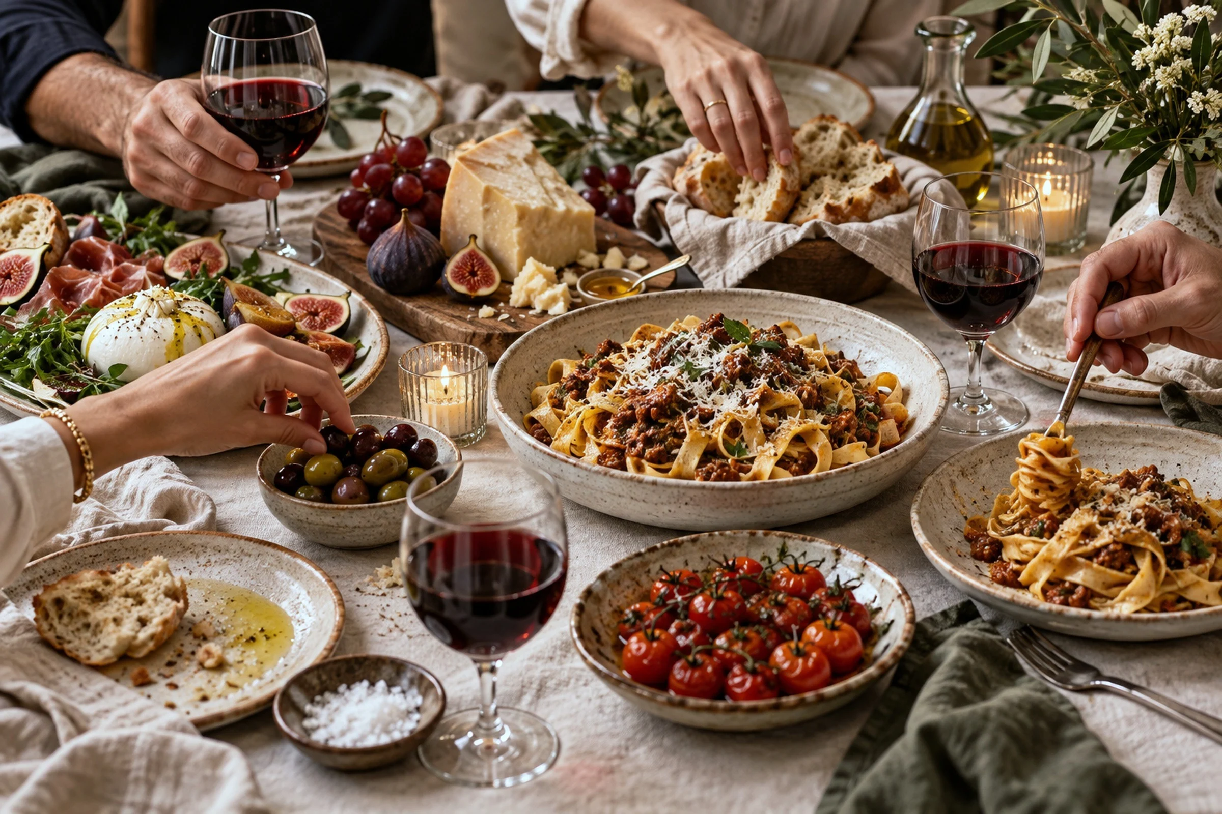 A generous table of bread, cheese, fruit and wine seen from above, with hands reaching in.