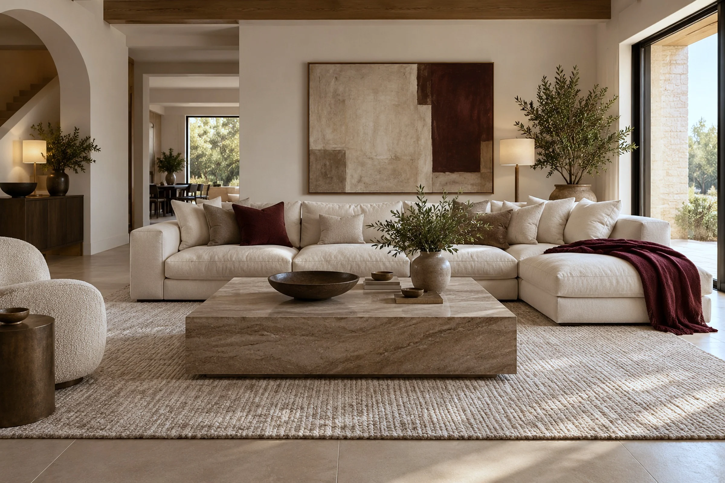 A deep, wide sofa in a calm, spacious living room.