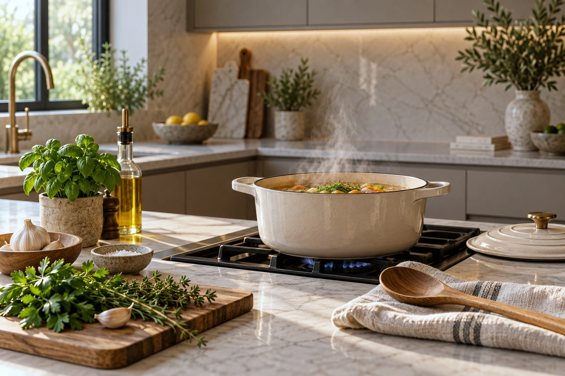 A pot simmering on an old stove in a rustic kitchen with herbs and a wooden spoon.