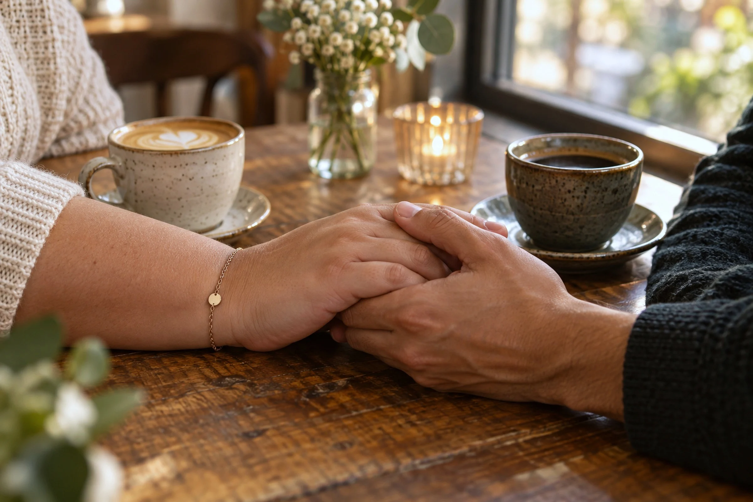 Two hands holding across a cafe table.