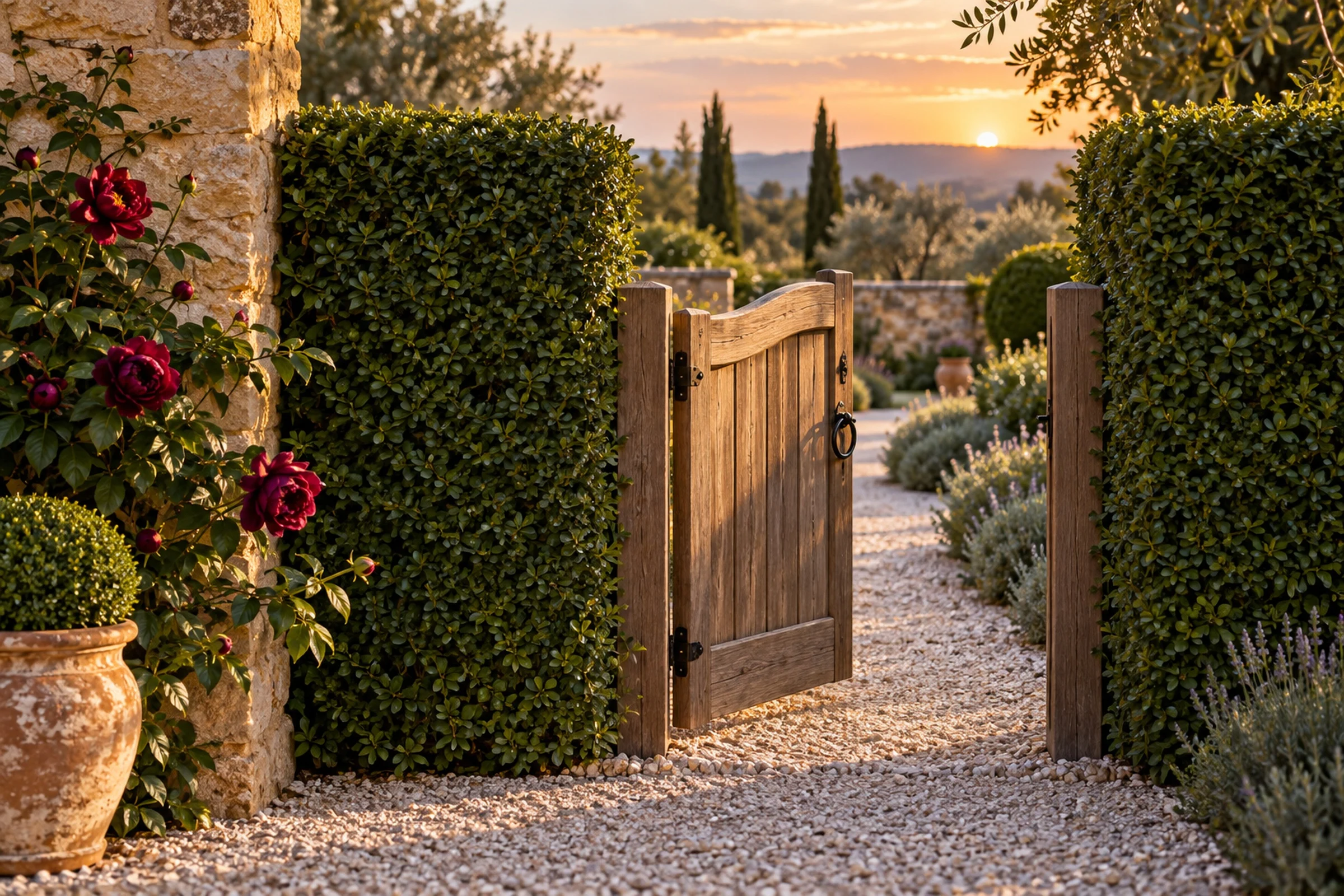A low wooden garden gate standing half open onto a path.