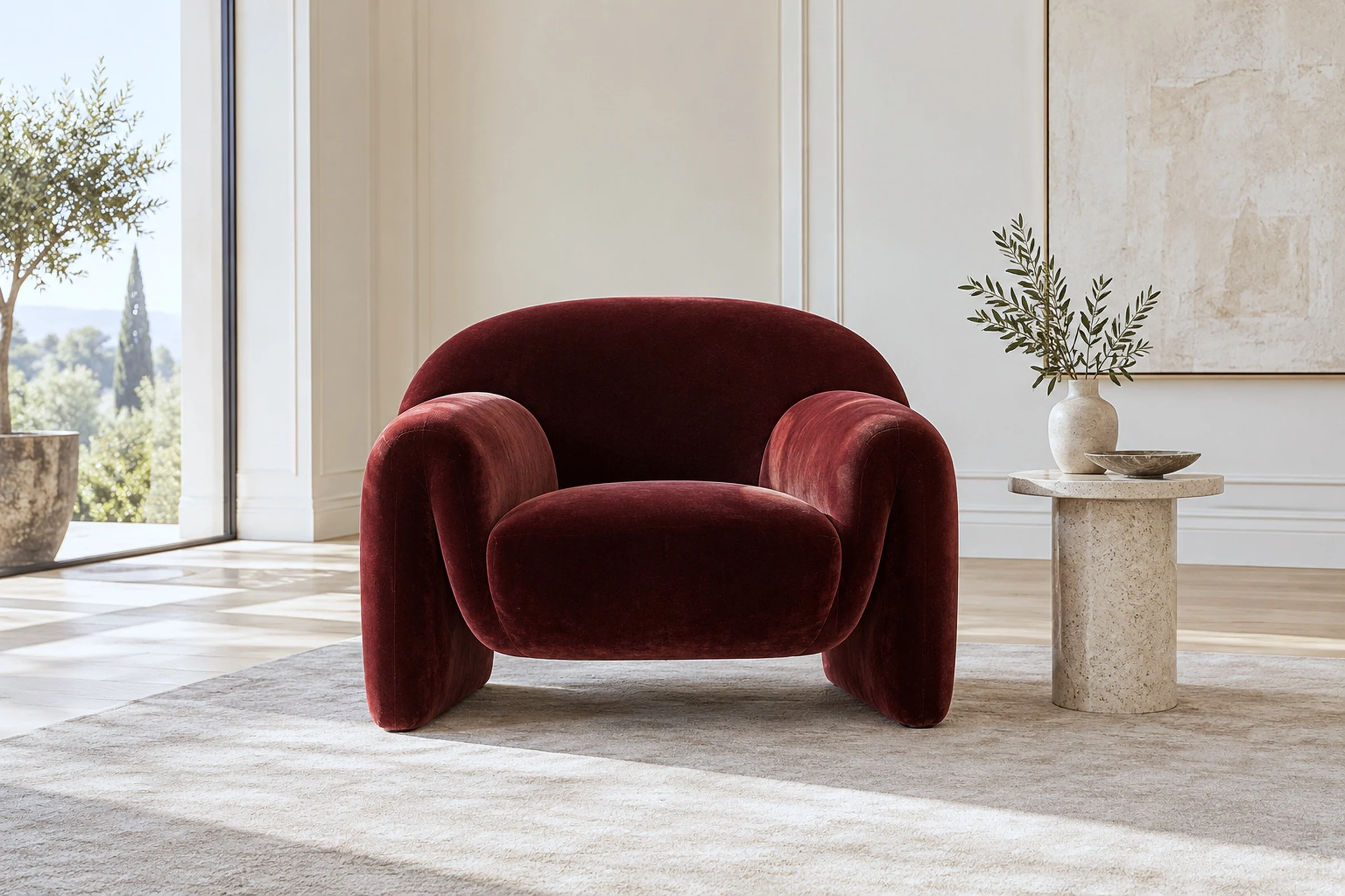 A sculptural oxblood velvet armchair in a bright living room.