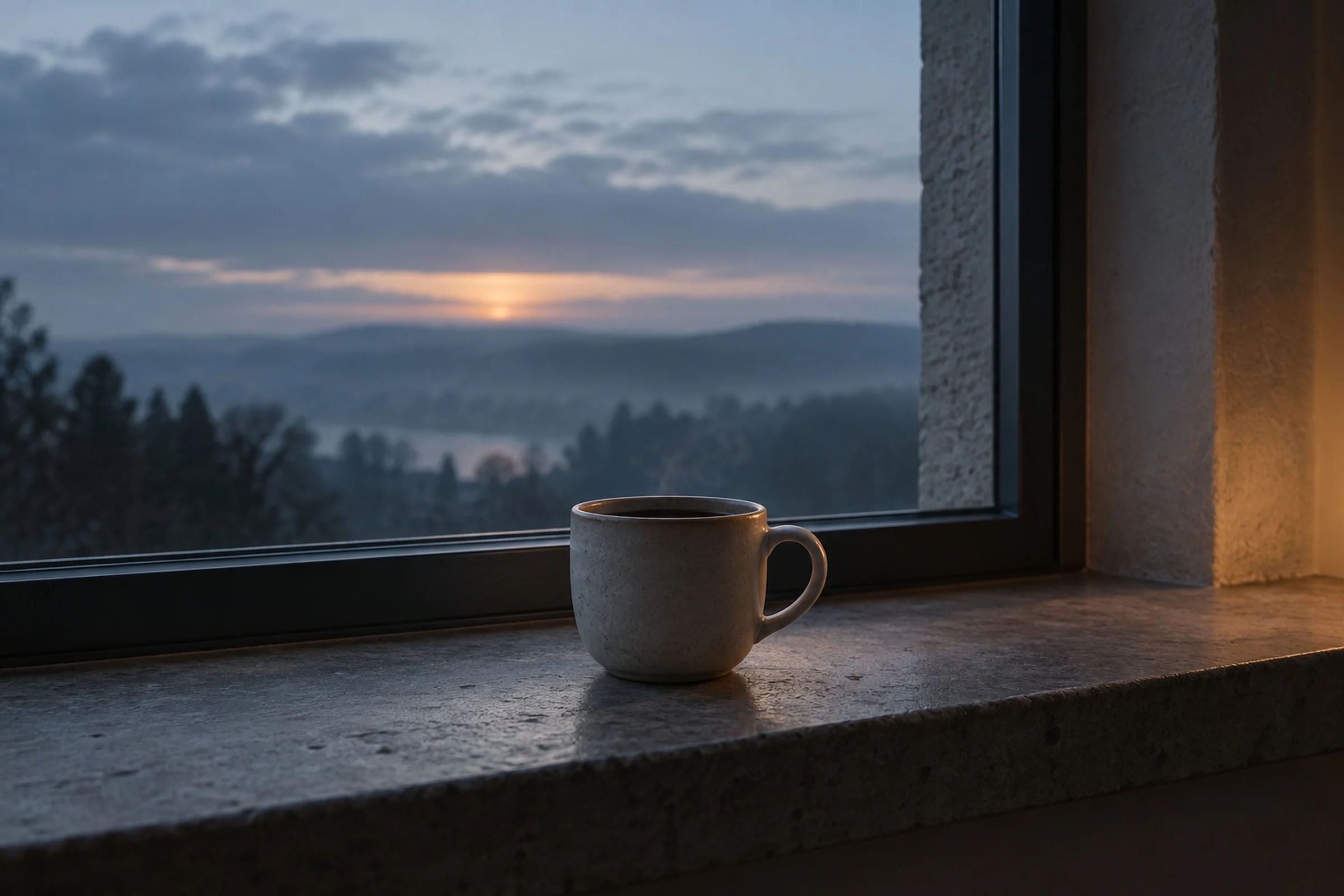 A cup of coffee on a windowsill at dawn in a quiet room.