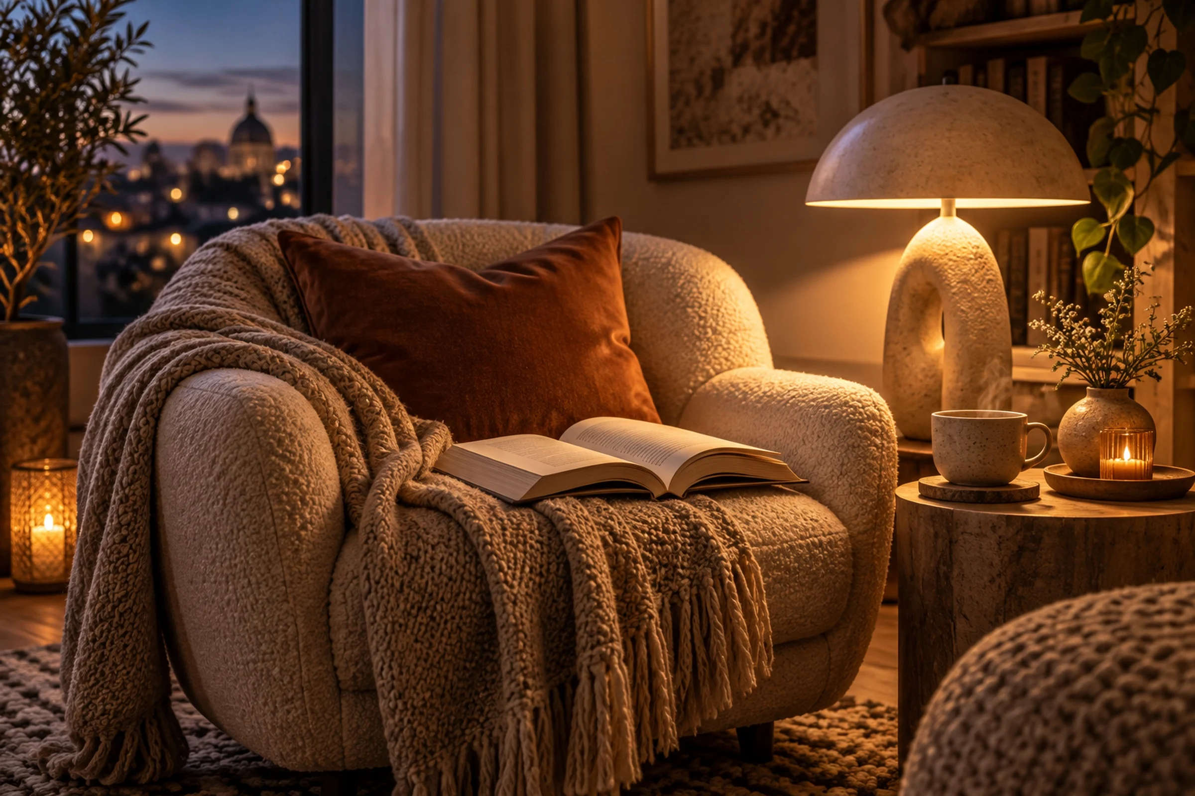 A reading corner at night with a lamp, an open book and a cup of tea.