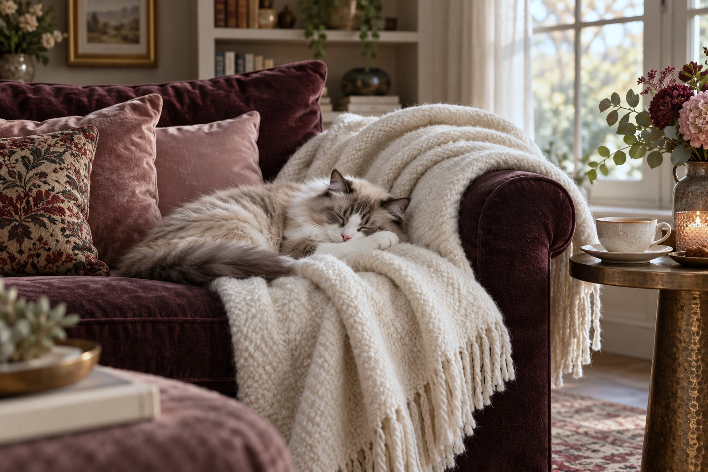 A cat asleep on a soft wool throw draped over a sofa.