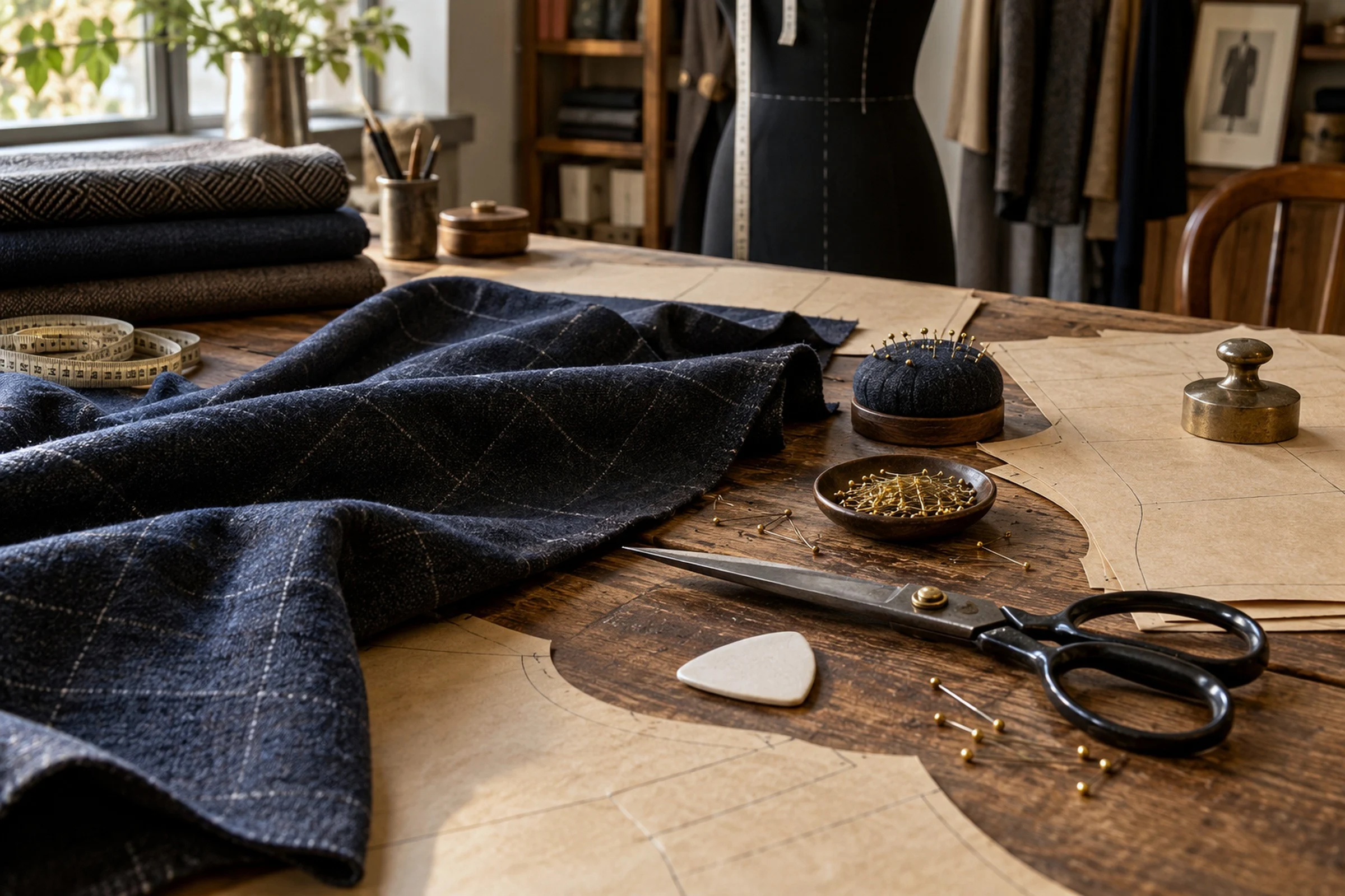 A tailor's workbench with fabric, pins and tailor's chalk.
