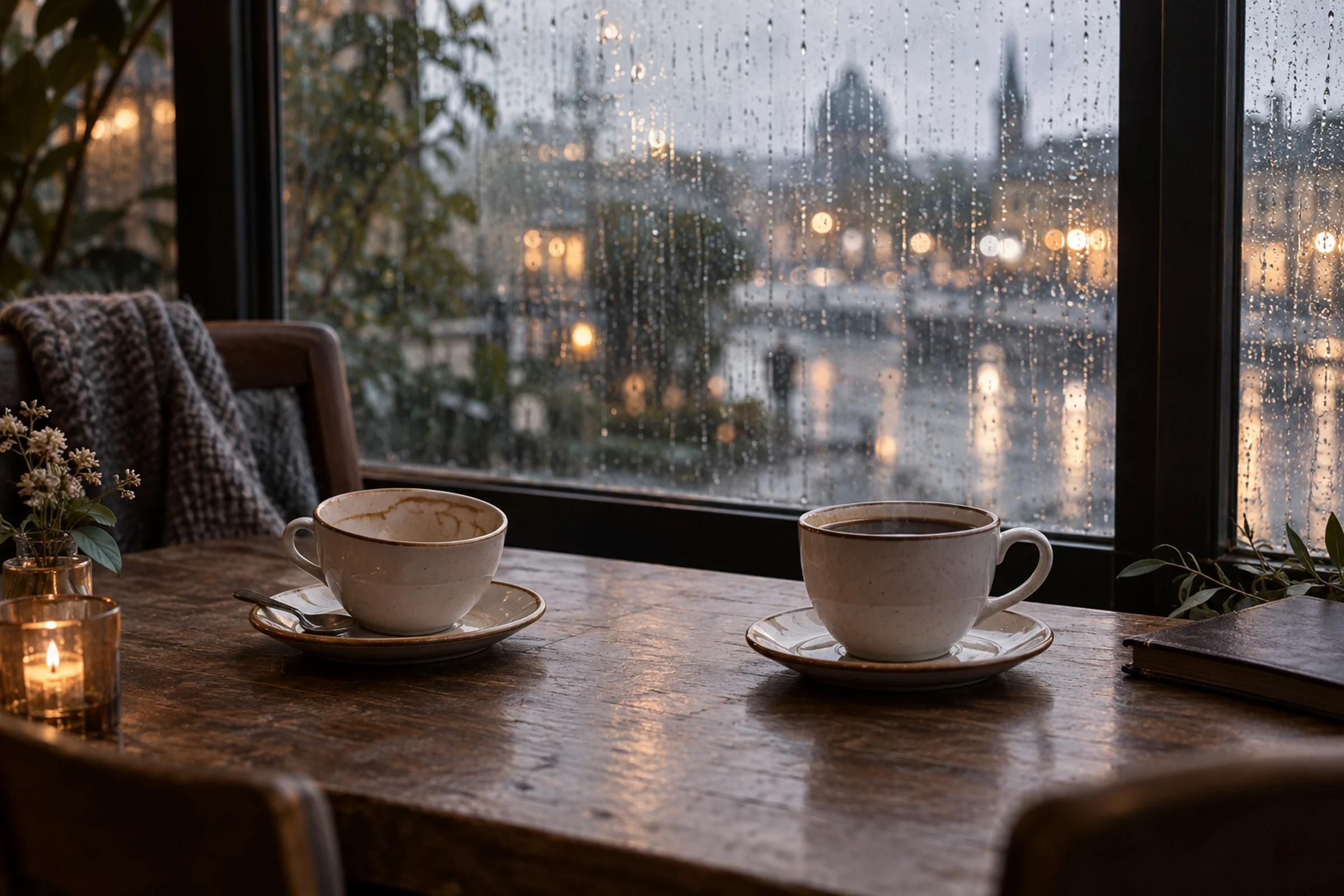 Two coffee cups on a cafe table by a rainy window, one untouched.