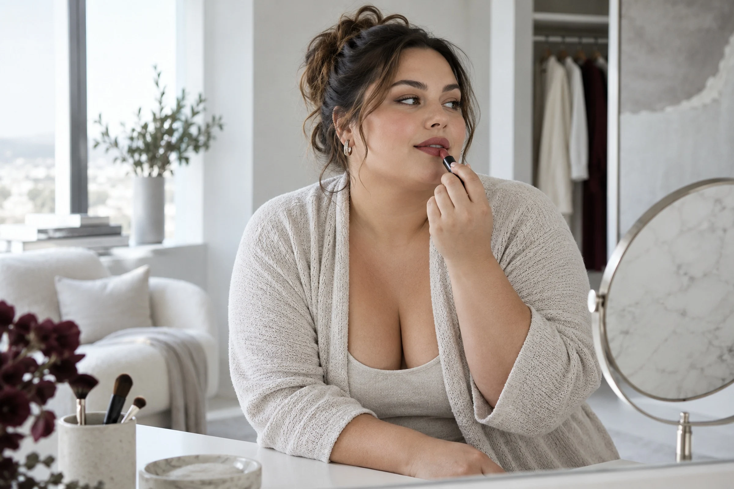 A woman at her dressing table, putting on lipstick in the morning light.