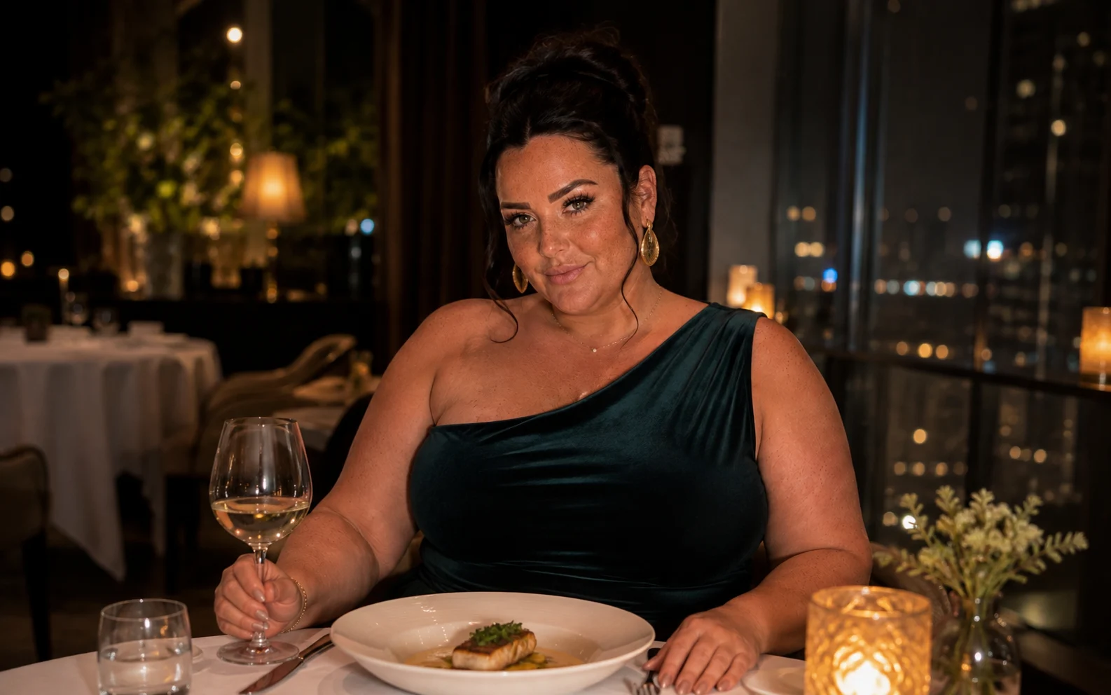 Nina in a deep green one-shoulder dress dining alone at a restaurant table at night, with a glass of white wine and a plated dish.