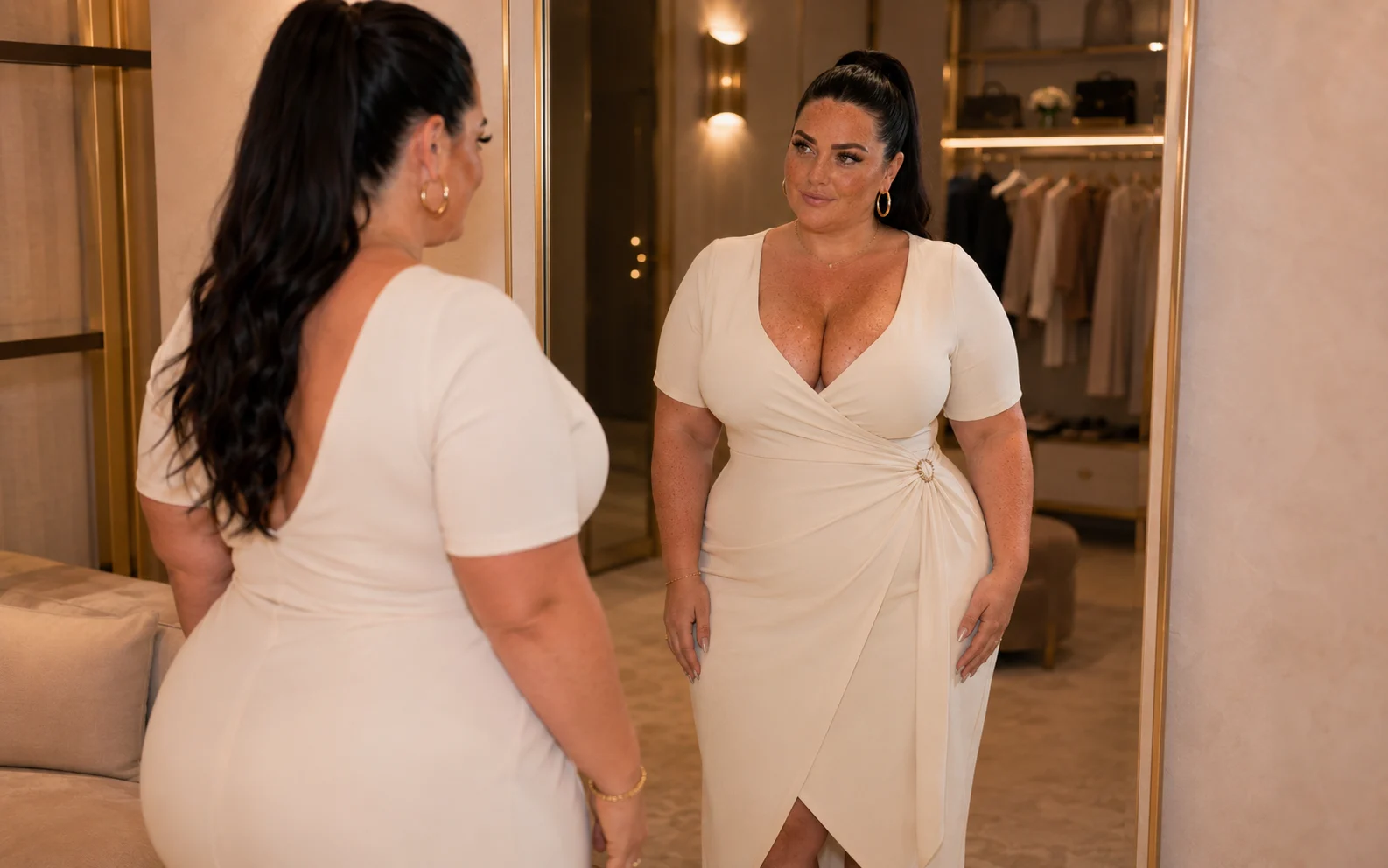 Nina in a cream wrap dress in a luxury fitting room, seen from behind and reflected in a full-length mirror.