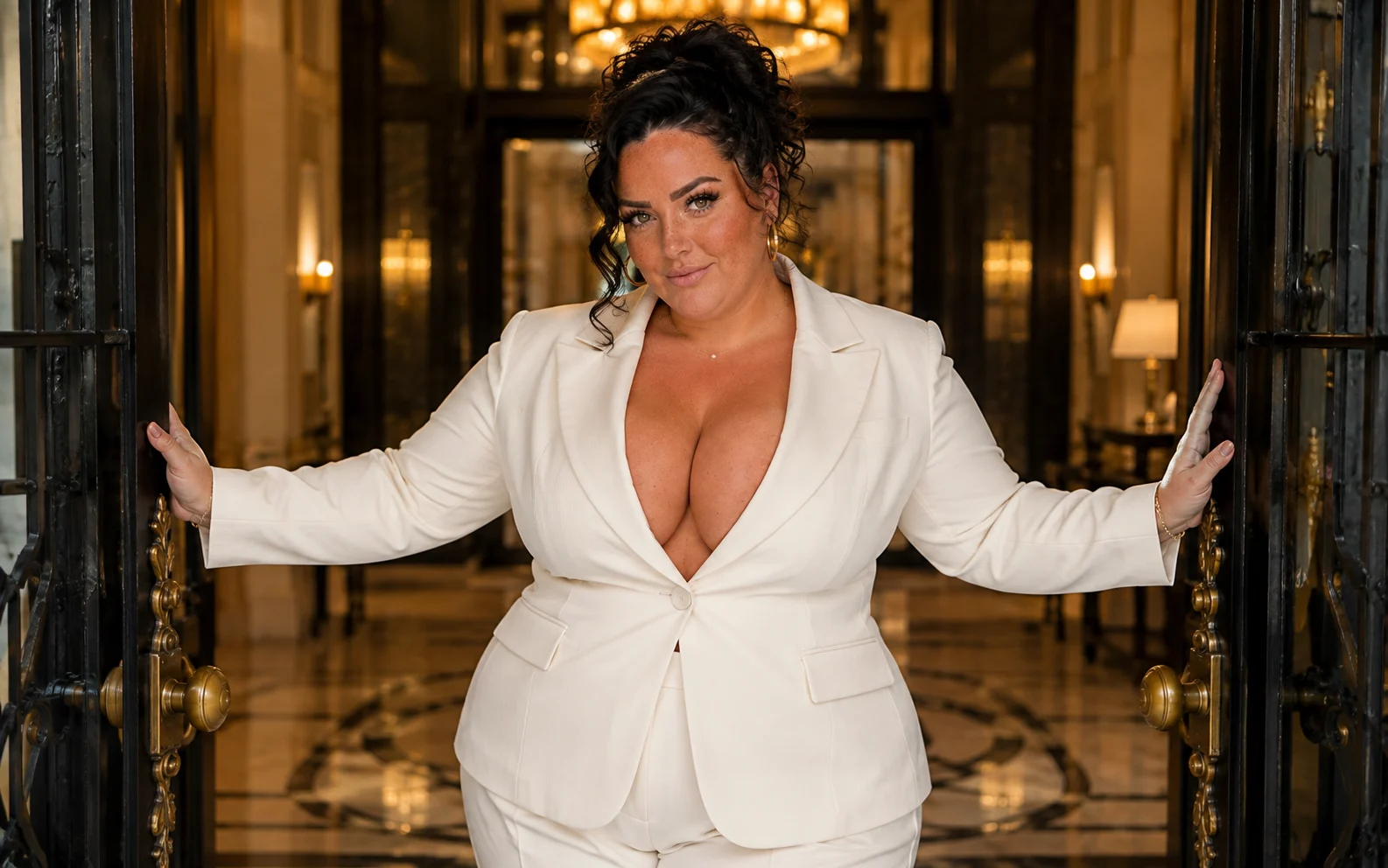 Nina in a white trouser suit standing in a grand doorway with both arms extended to the open doors.