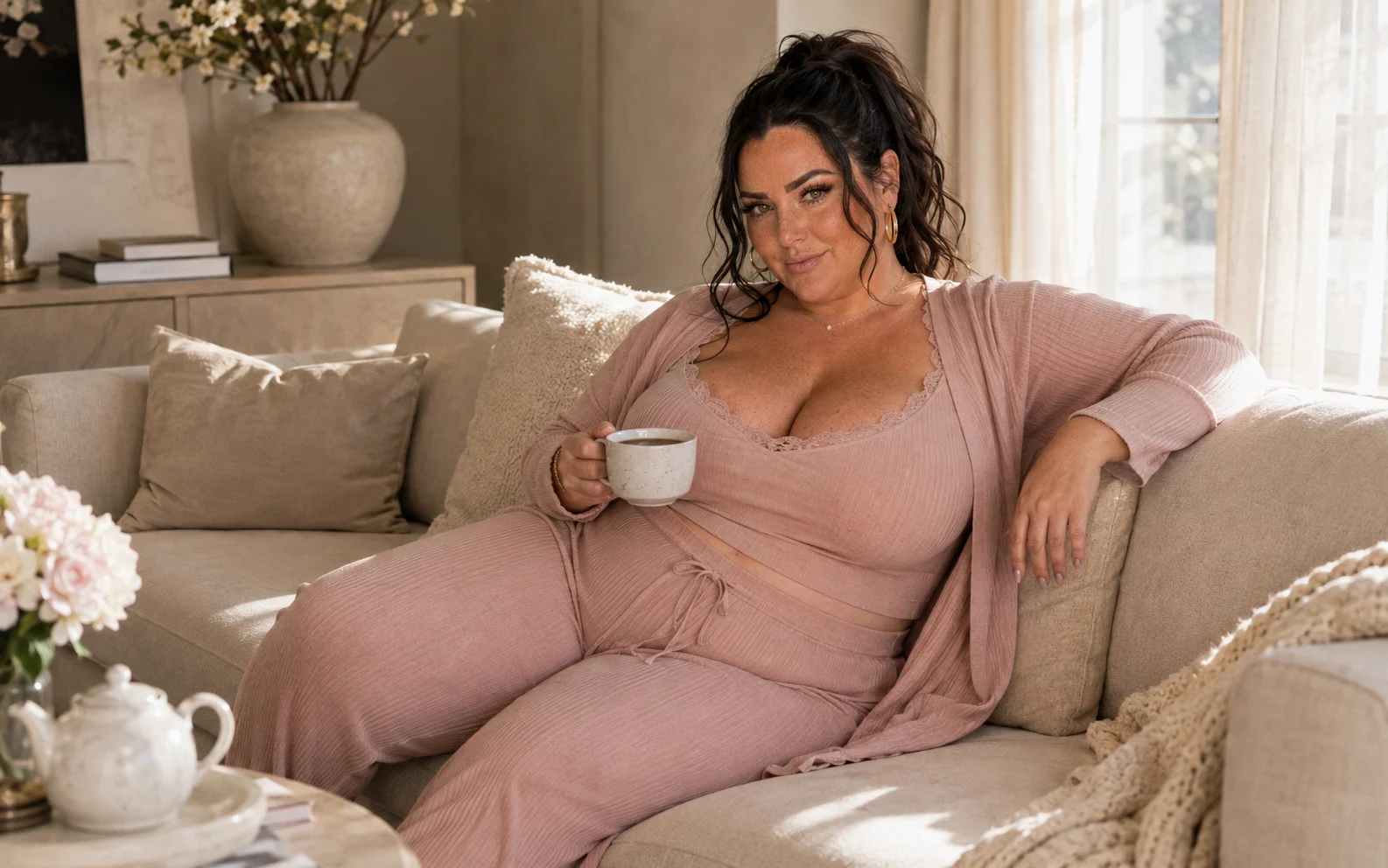 Nina in dusty pink loungewear resting on a pale sofa with a cup of tea, soft light through sheer curtains.