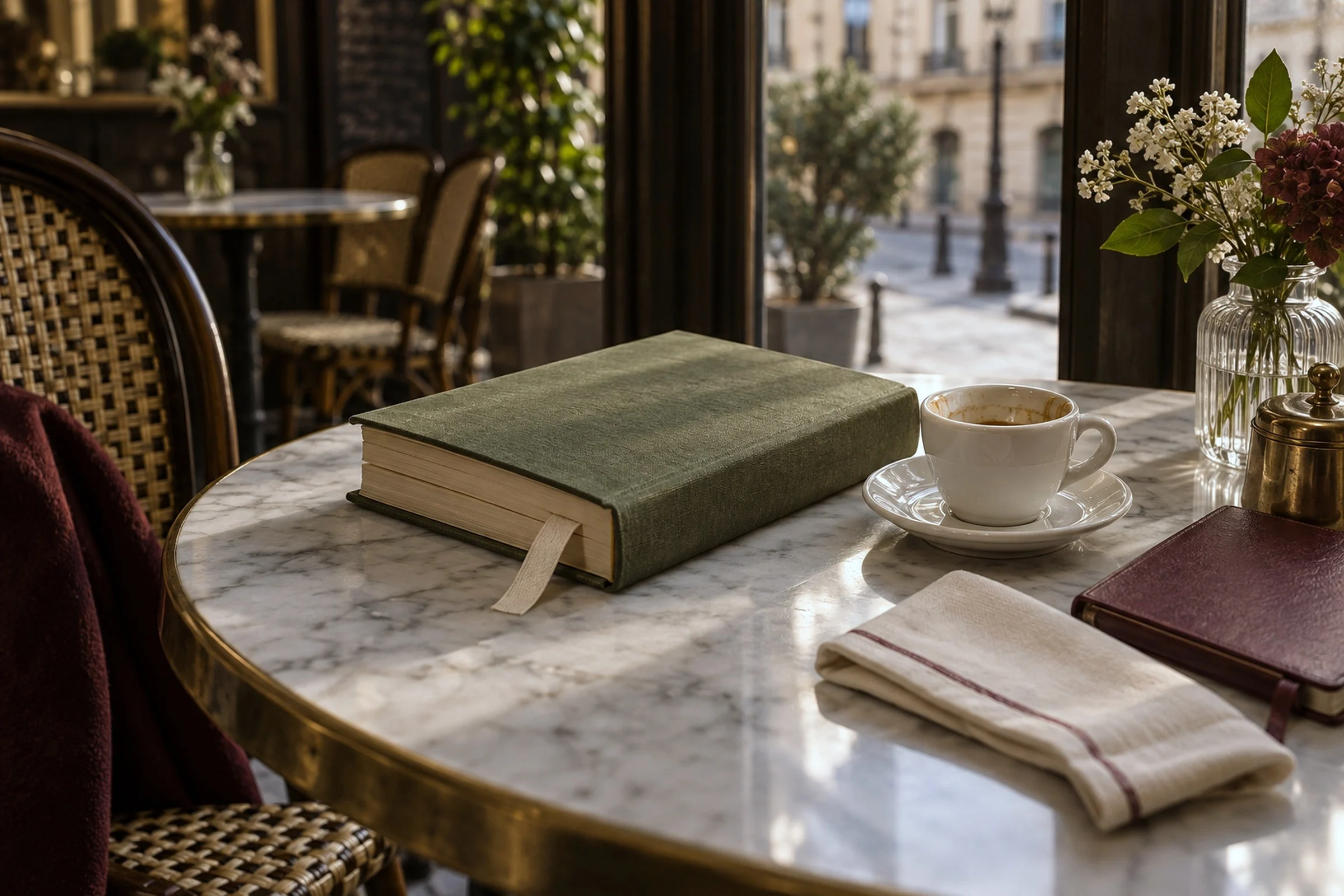 A half-read hardback novel face-down on a cafe table beside an empty espresso cup.