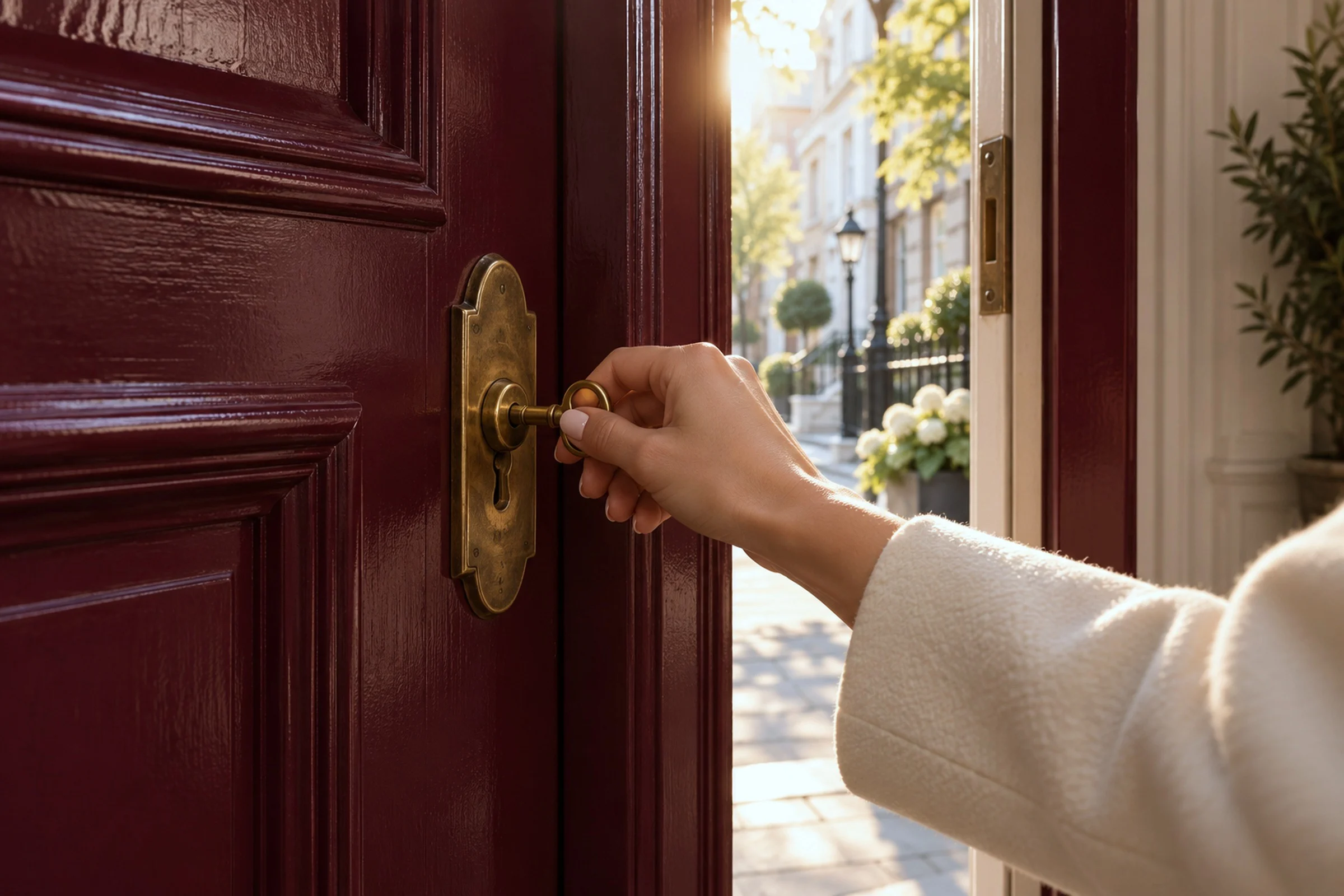 A hand turning the key of an old front door in morning light.