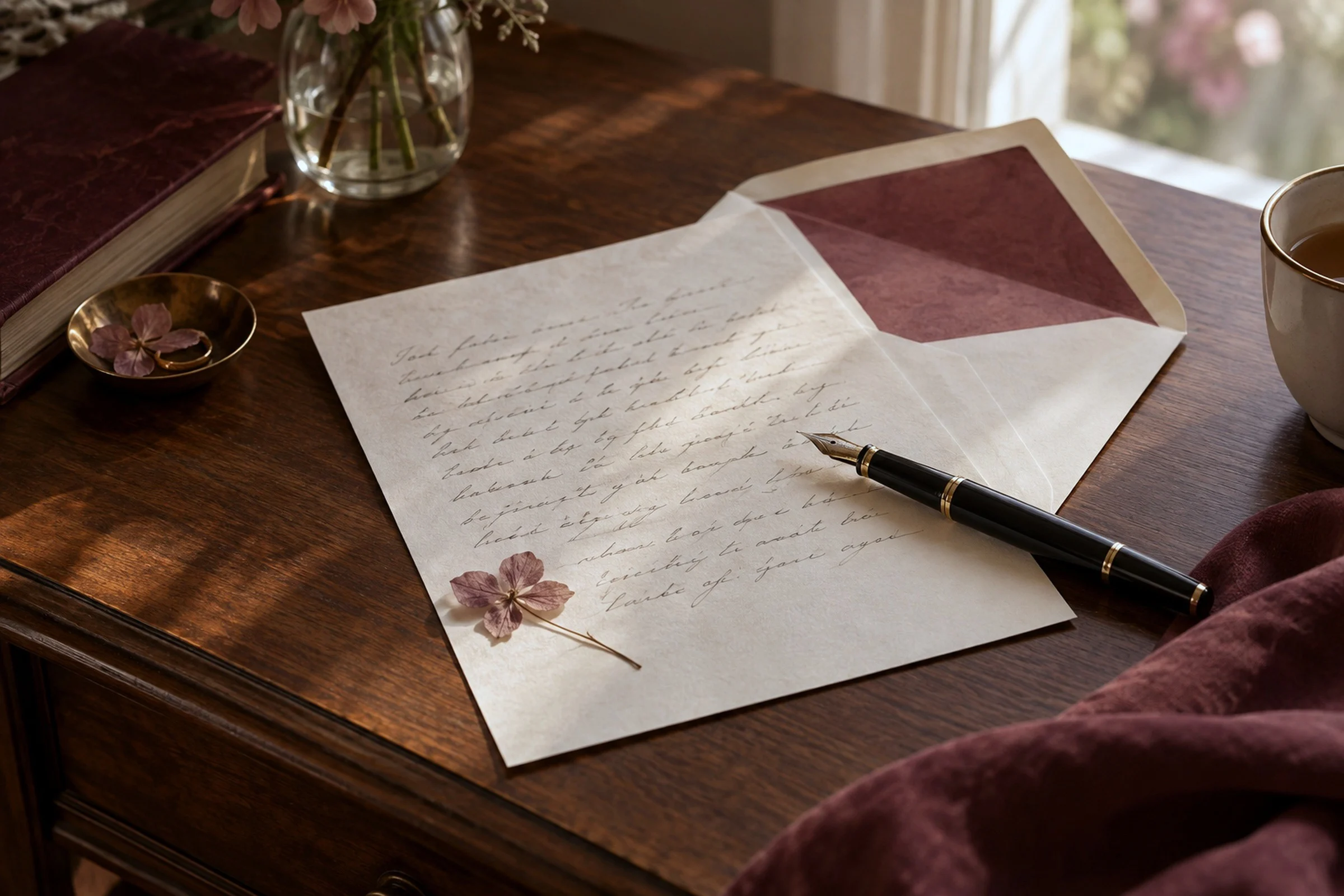 A handwritten letter on cream paper beside a fountain pen and an open envelope.