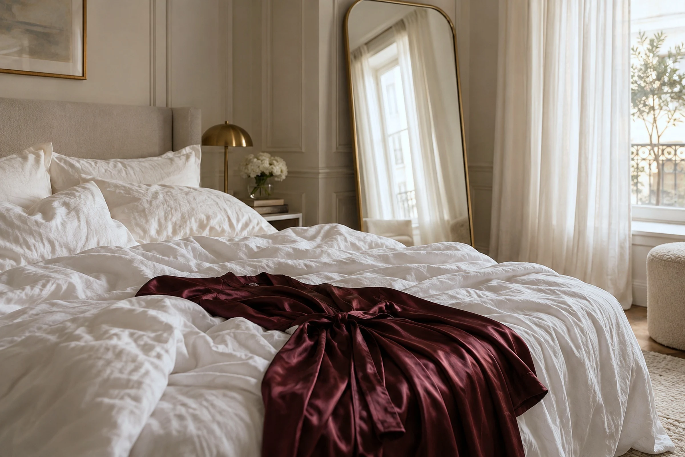 An unmade bed and a linen robe in morning light, with a mirror leaning on the wall.