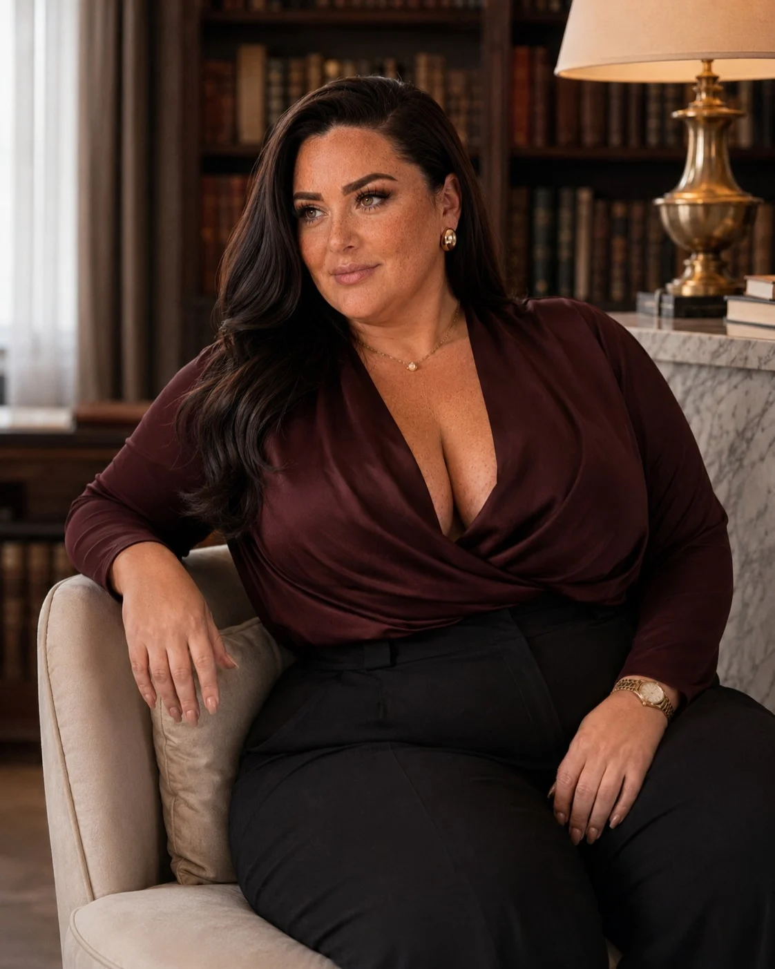 Nina seated in a panelled library in a burgundy silk wrap blouse.