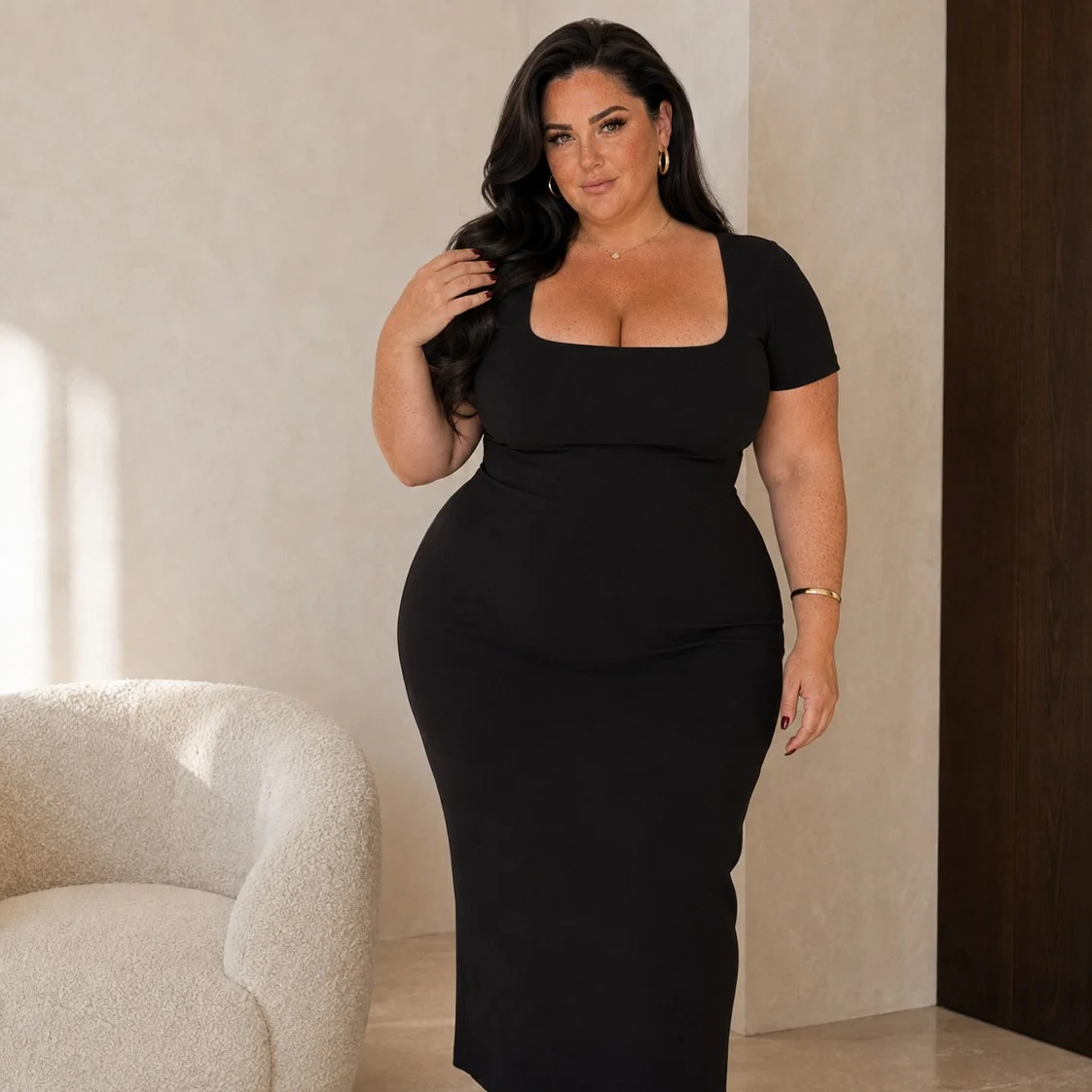 Nina standing in a sunlit stone room in a black square-neck midi dress.