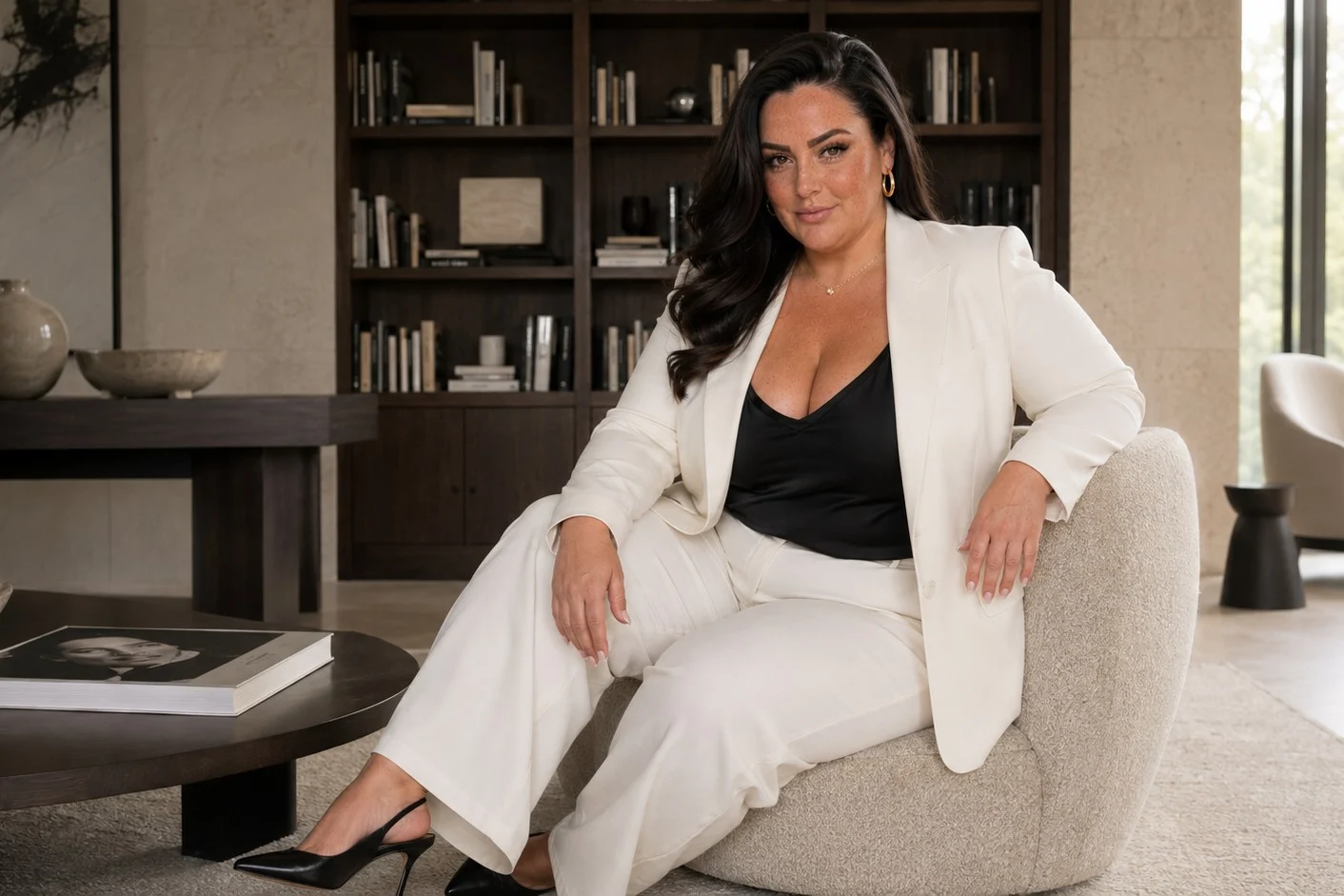 Nina seated in a boucle chair in an ivory suit, a bookcase behind her.