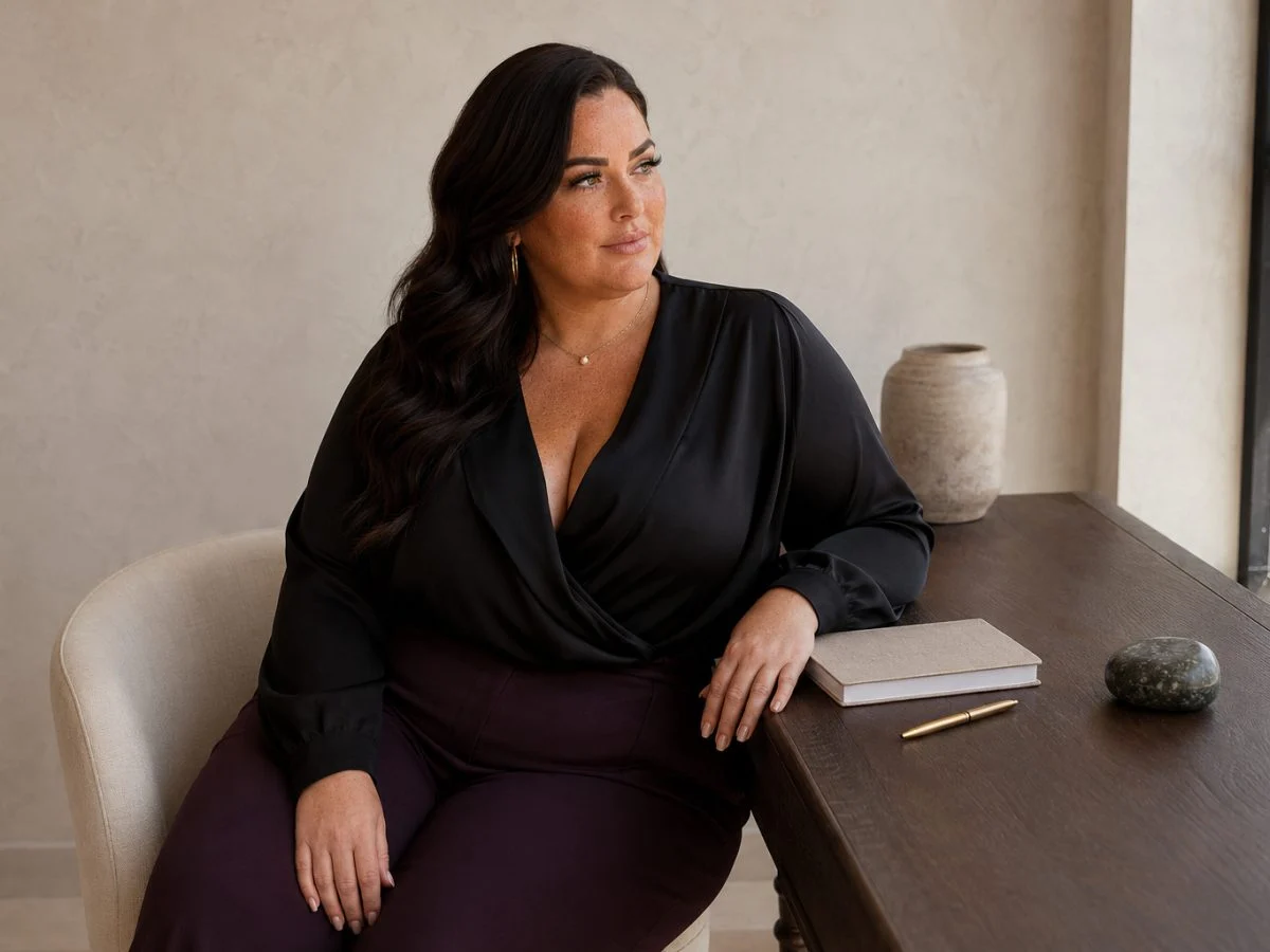 Nina at a dark wood desk in a black silk wrap blouse.