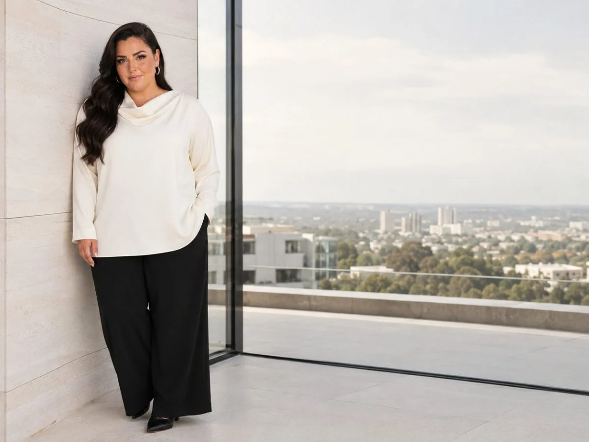 Nina leaning against a stone wall by a window overlooking a city.