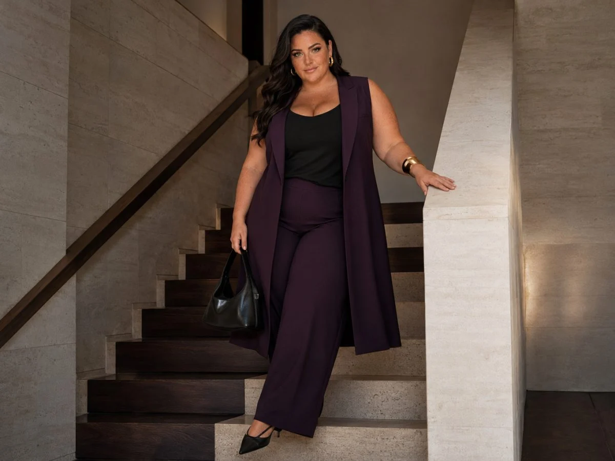 Nina descending a stone staircase in a long plum waistcoat and trousers.