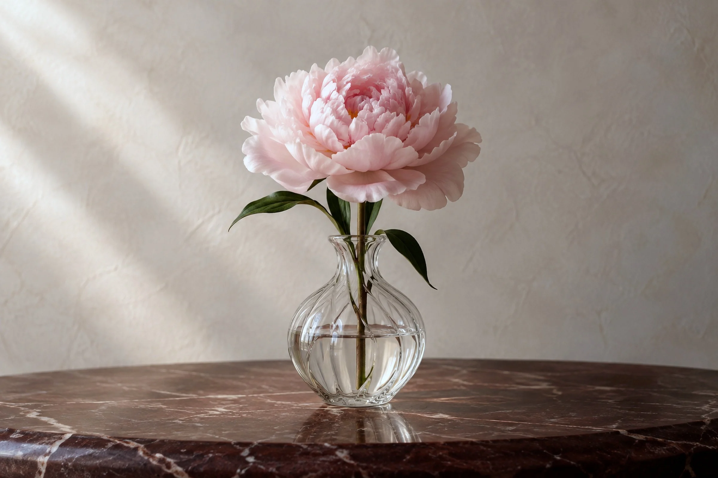 A single peony in full bloom in a heavy glass vase on marble.