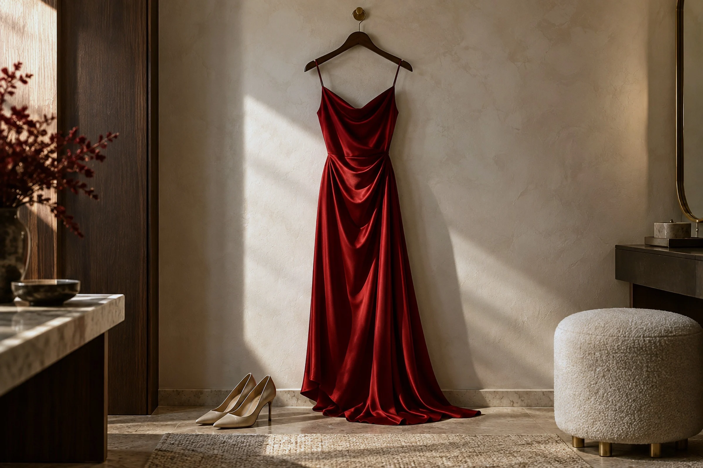 A red silk dress hanging on a pale plaster wall in morning light.