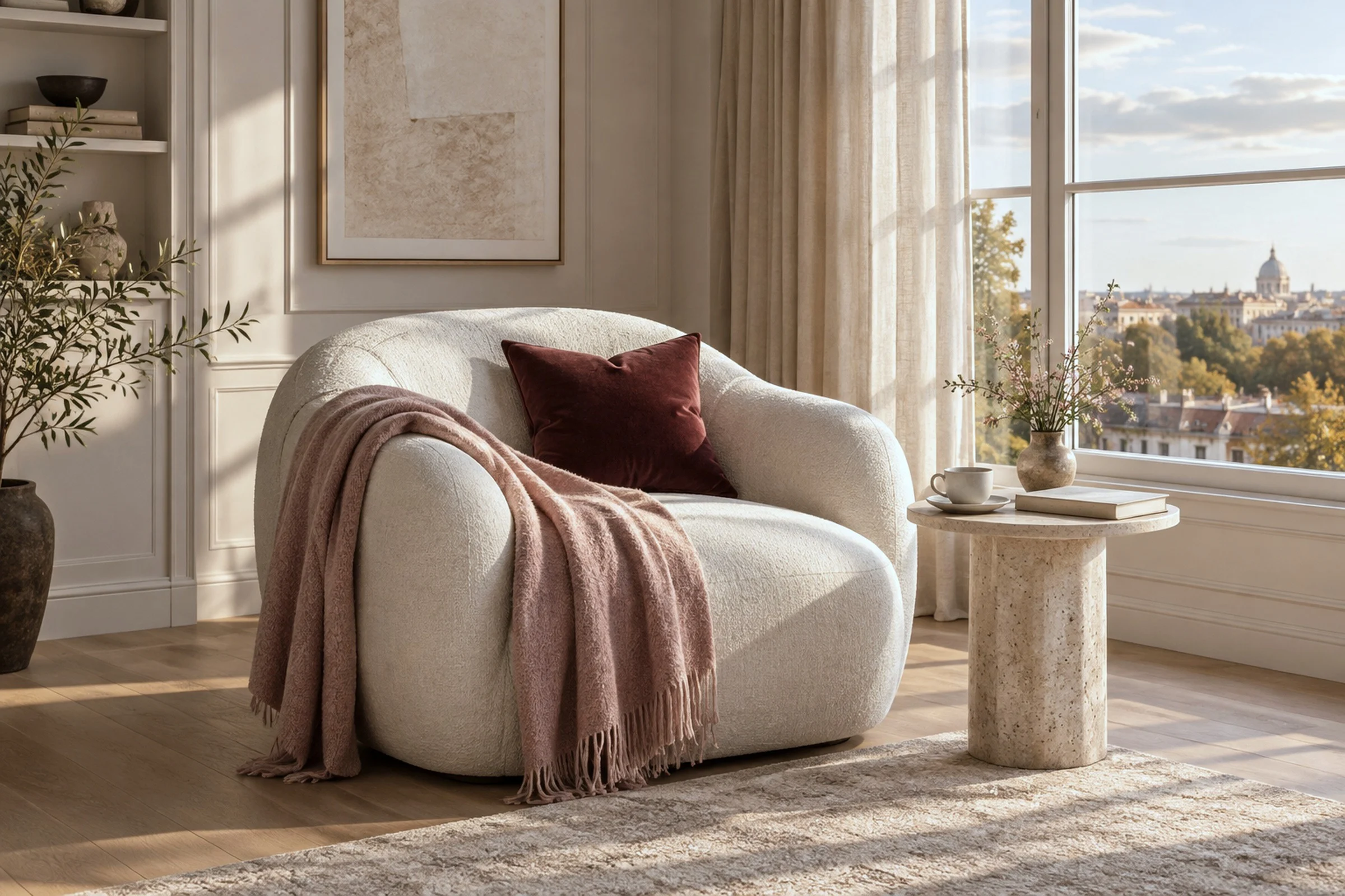 A linen armchair by a window with a book and a cup of tea in afternoon light.