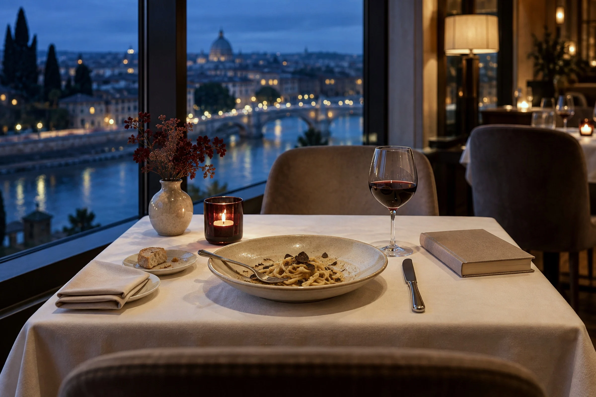 A restaurant table set for one by a window, with a glass of red wine and a book.