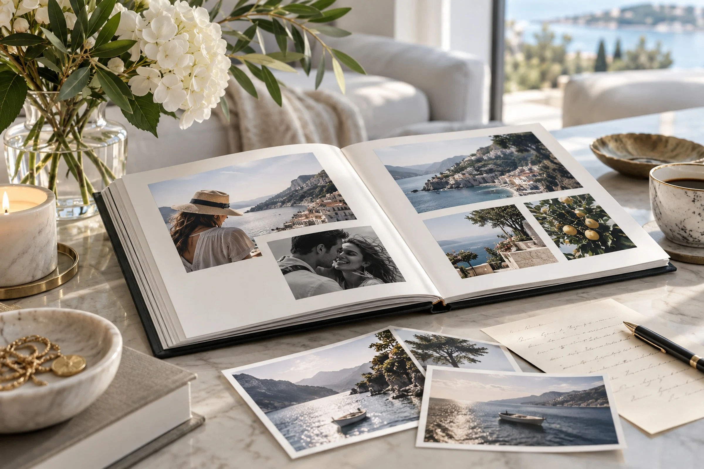 An open photo album of seaside pictures on a marble table by a window.