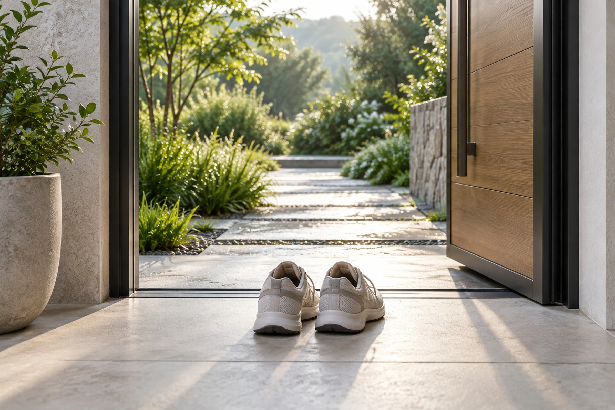 A pair of walking shoes by an open door leading to a garden path.