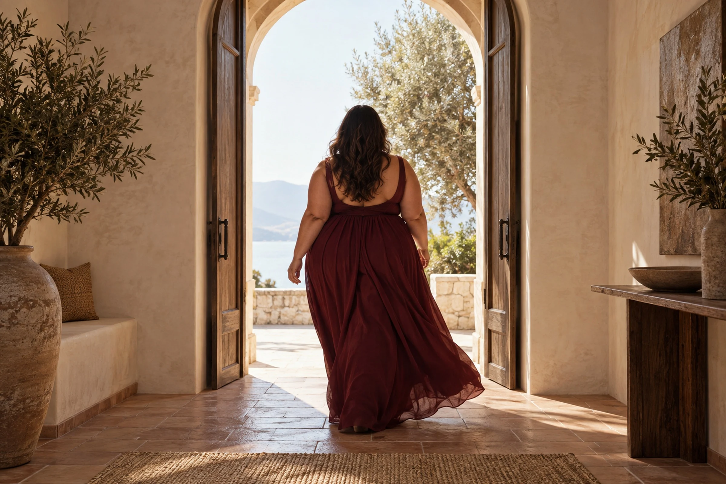 A woman seen from behind walking through a wide sunlit doorway.