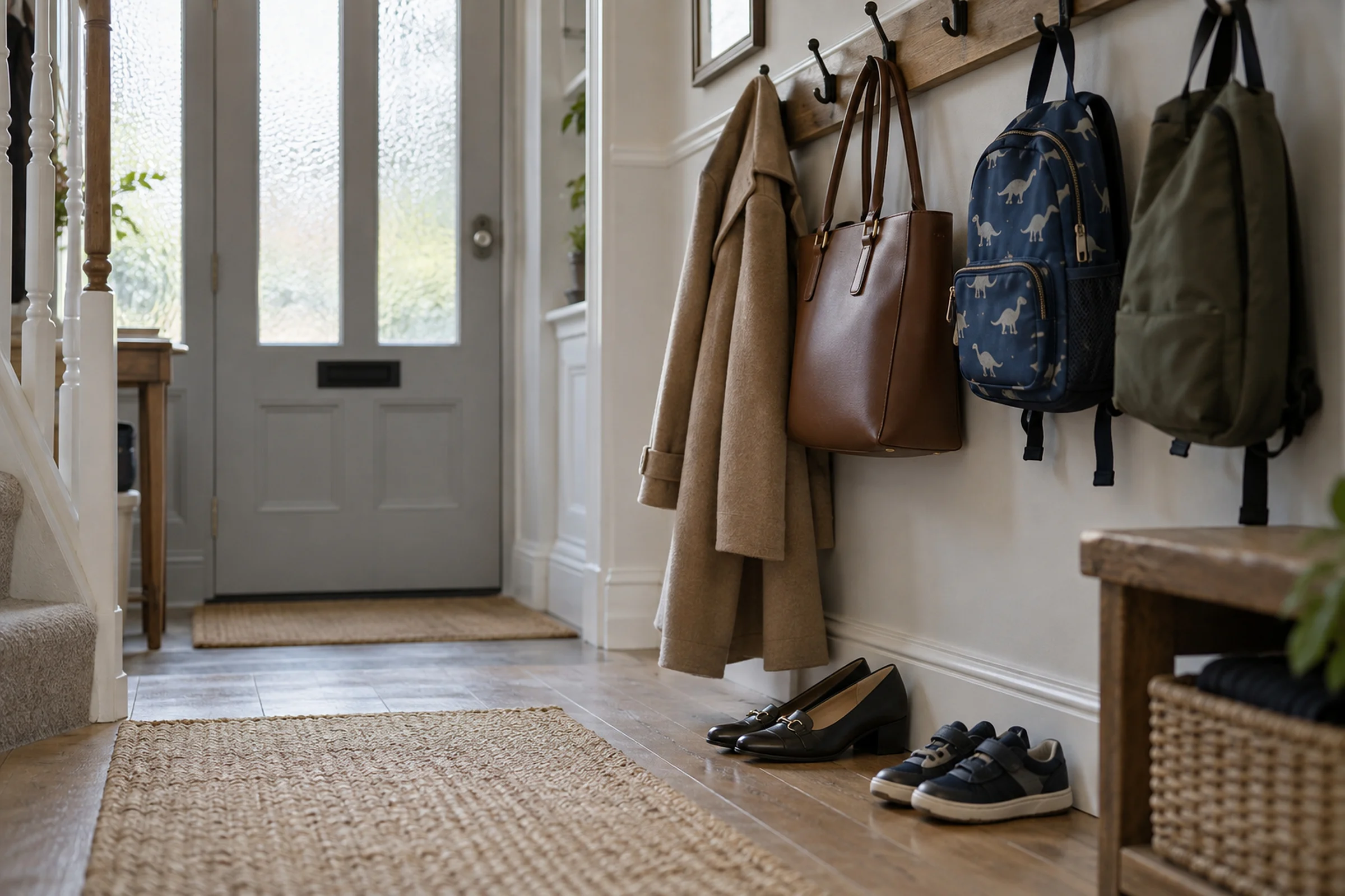 A camel coat and a brown leather bag hanging on hallway hooks beside a child's dinosaur backpack, with work shoes and small trainers below.