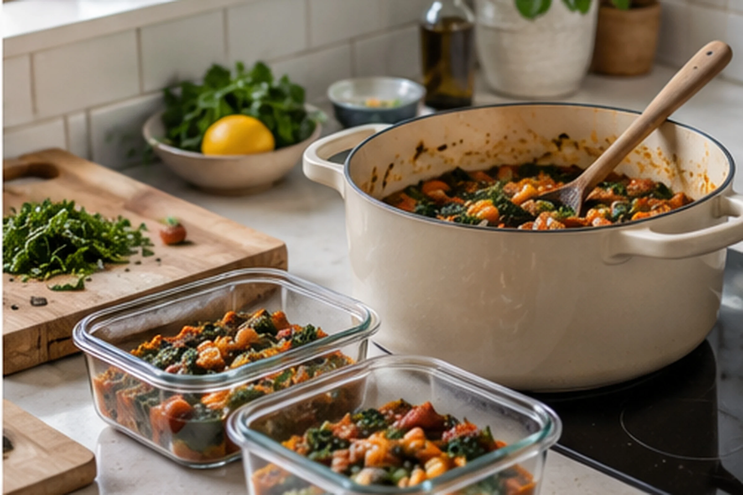 A large pot of vegetable and bean stew on the hob beside two glass containers filled with portions of it.