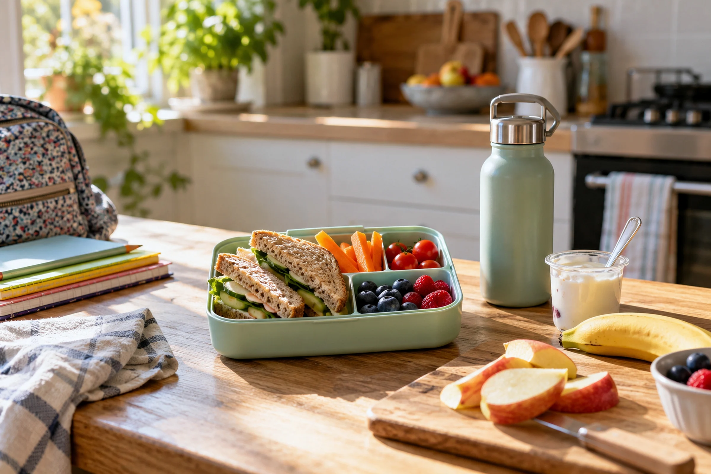 A packed lunchbox with a sandwich, carrot sticks, tomatoes and berries on a kitchen worktop, with a water bottle, sliced apple and school books nearby.