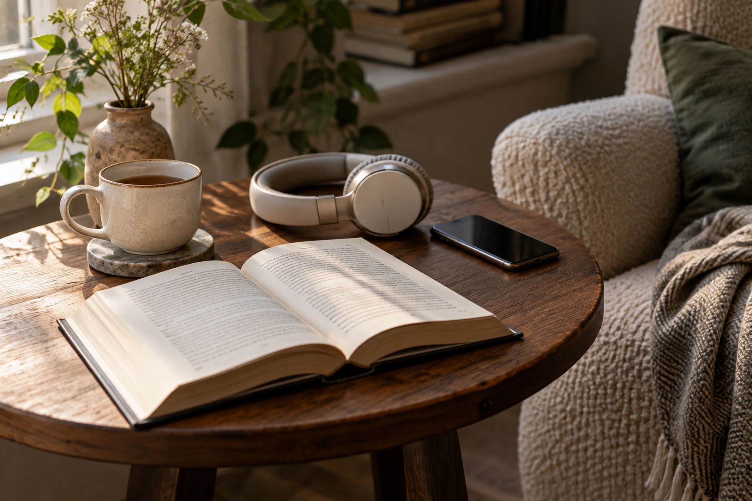 An open hardback book on a round wooden side table beside a pair of headphones, a phone and a cup of tea, next to a textured armchair.