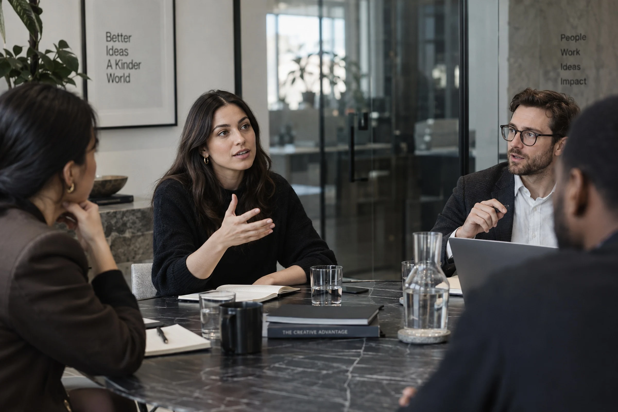 A woman speaking at a studio meeting table while colleagues listen.