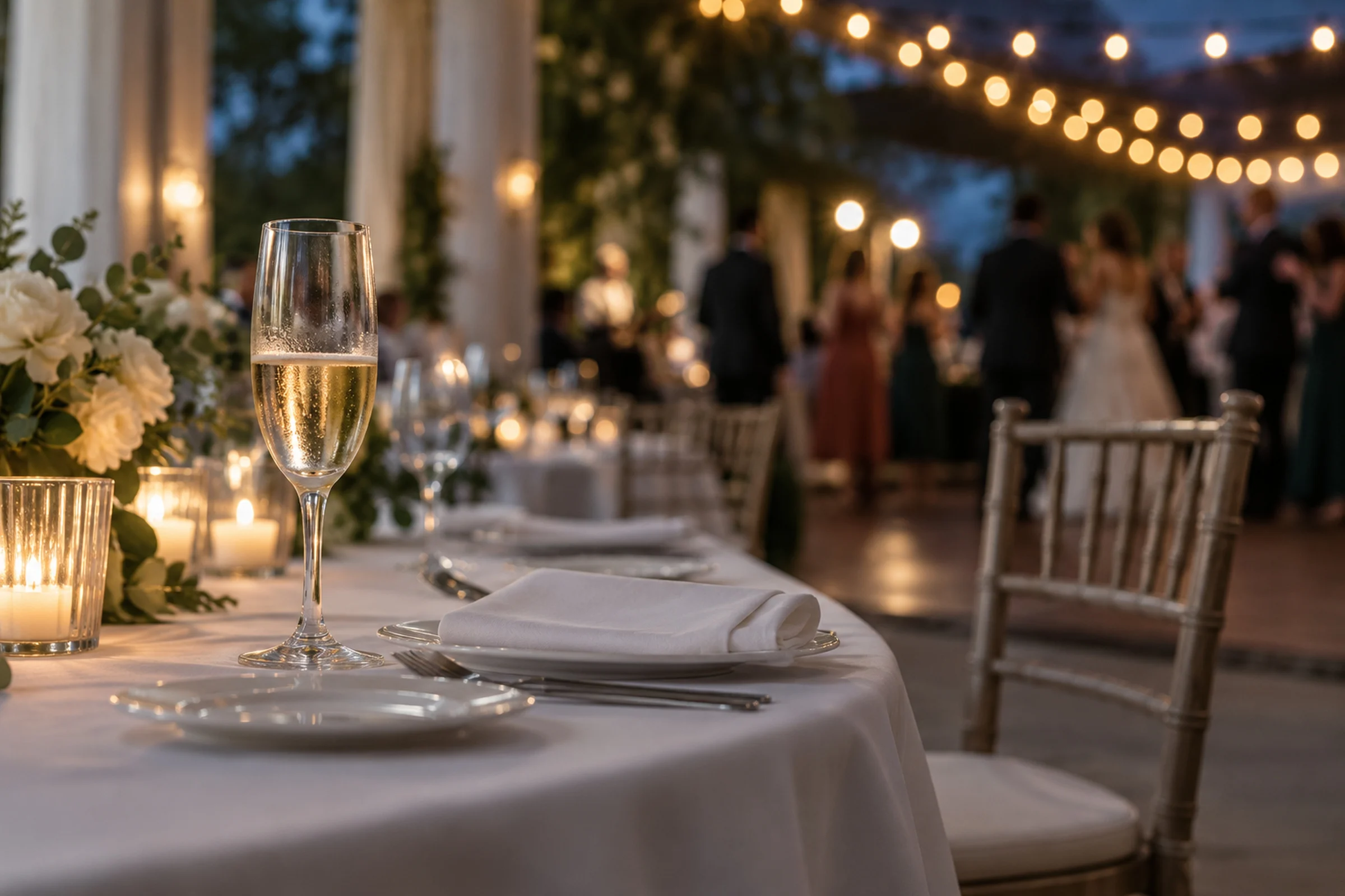 A glass of fizz and a folded napkin at an empty place on a wedding table, with guests dancing under string lights behind.