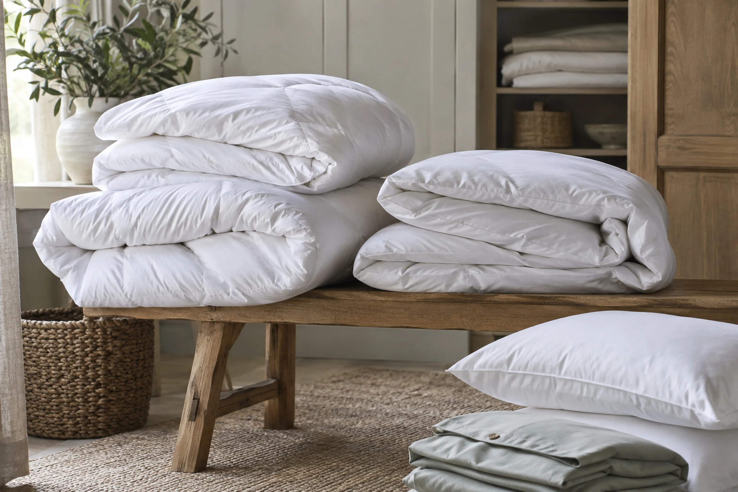 Folded white duvets on a wooden bench beside a stack of pillows and folded bedding, with a linen cupboard behind.