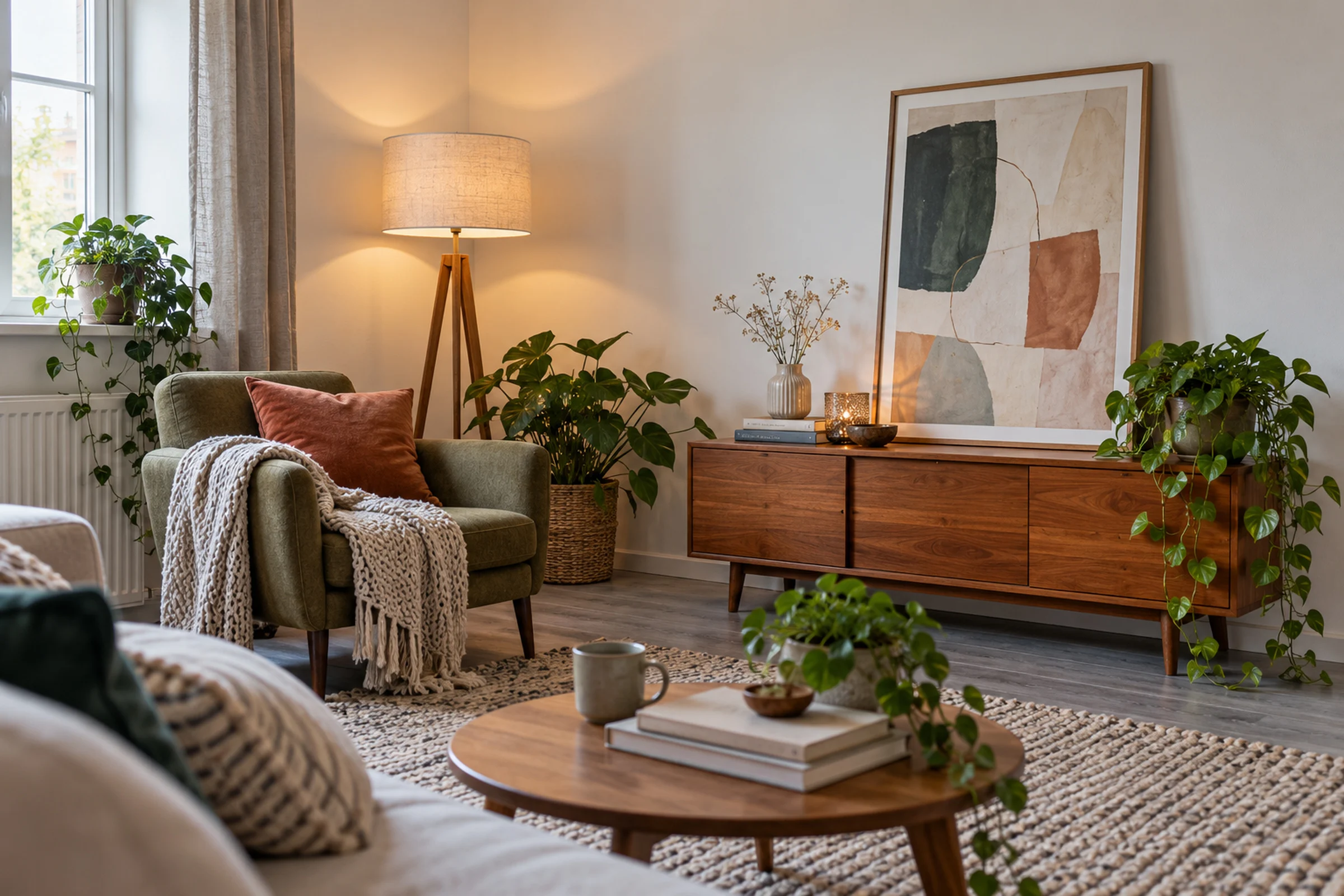 A living-room corner with a framed print leaning on a sideboard, a floor lamp, a rug over laminate and a throw on an armchair.