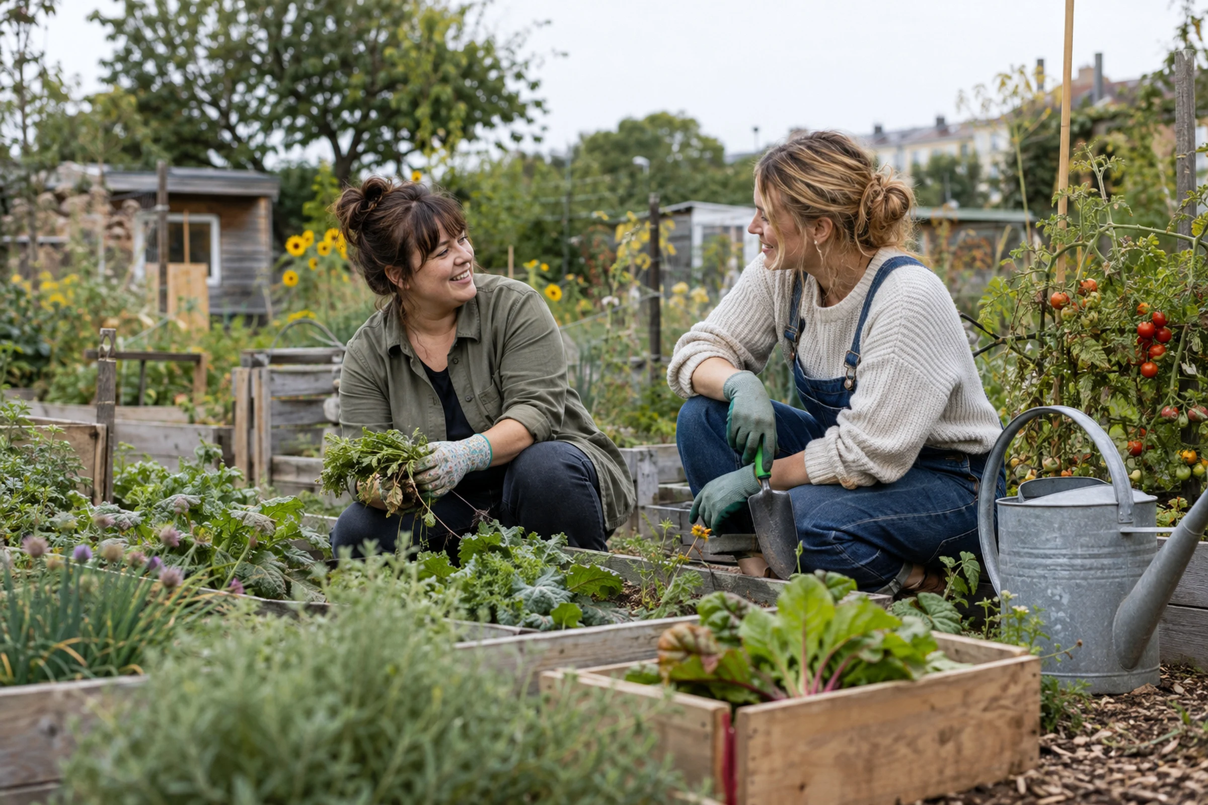 Two women crouching side by side among raised beds on a community allotment, smiling at each other as one holds a bunch of pulled greens.