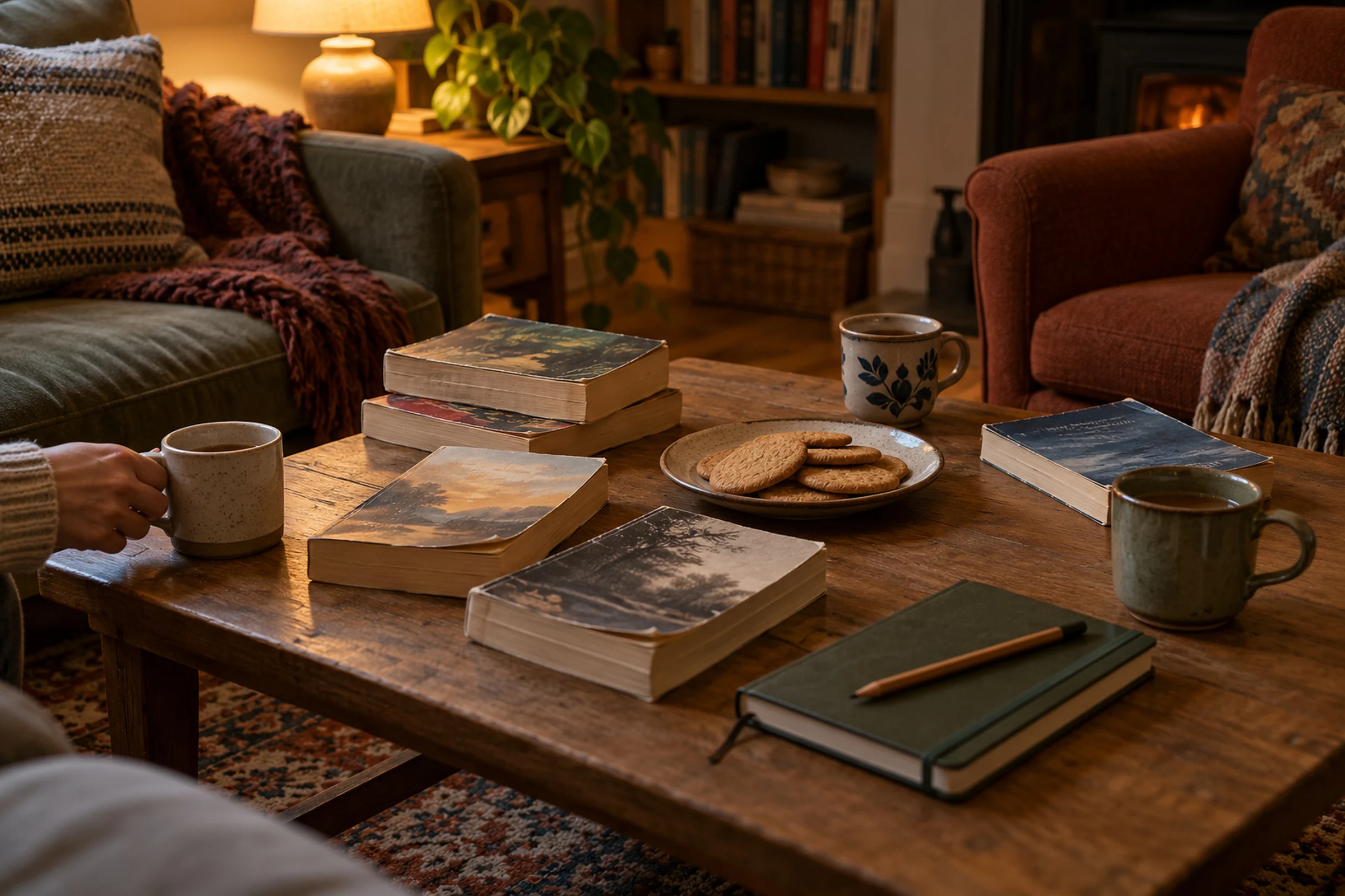 A coffee table with worn paperbacks, three mugs, a plate of biscuits and a notebook, lit by a lamp in the evening.