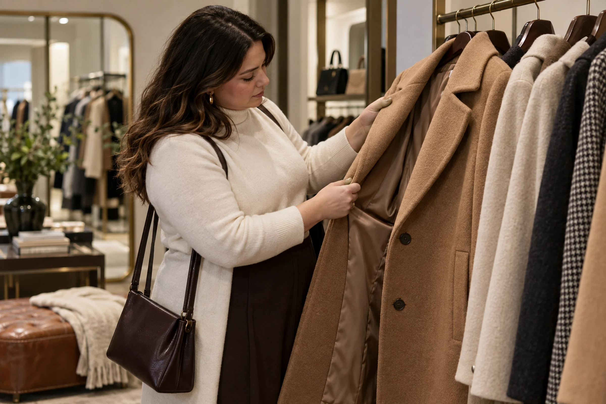 A woman in a cream jumper looking closely at the lining of a camel wool coat on a shop rail, among other winter coats.