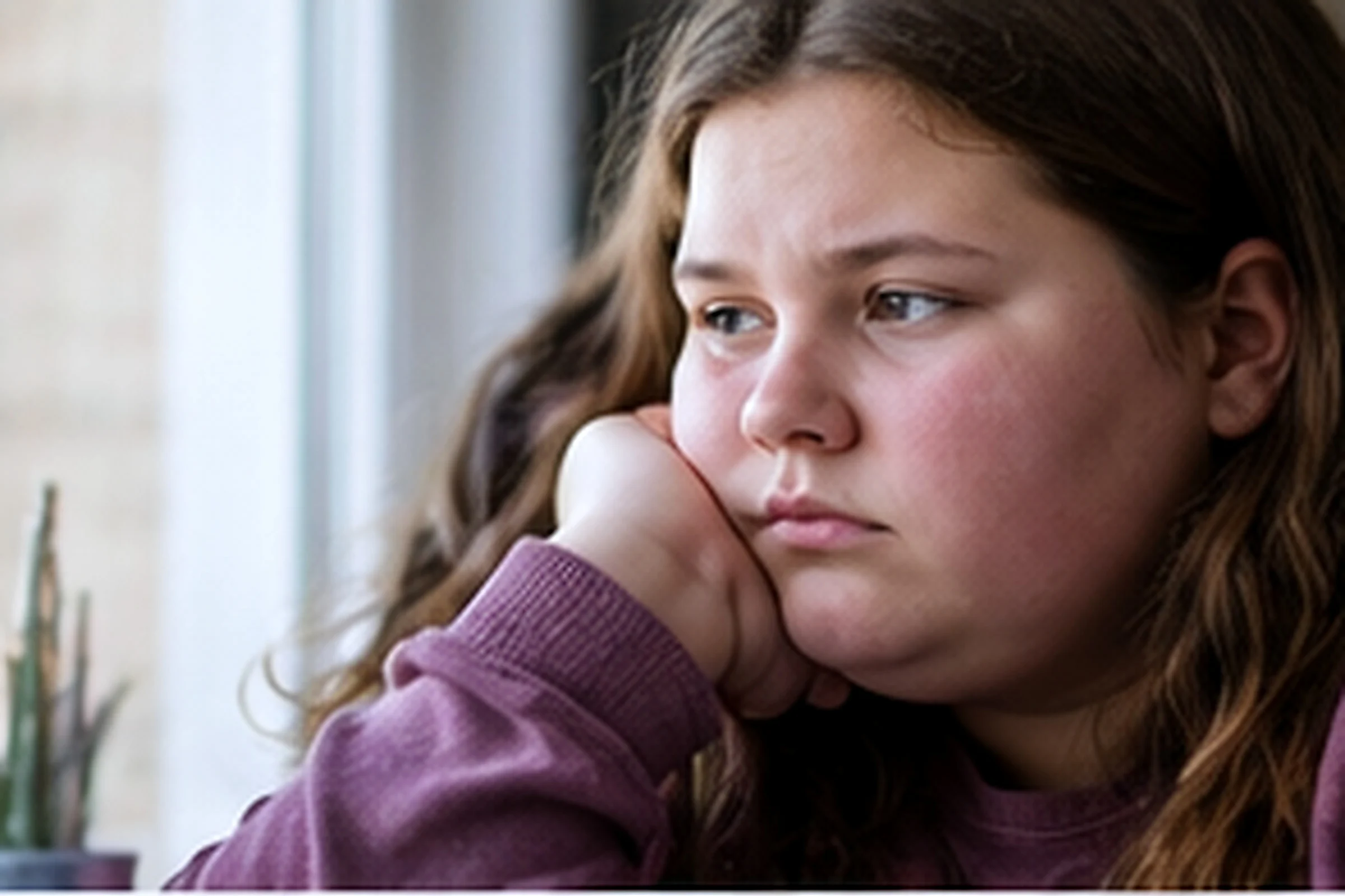 A teenage girl in a plum jumper rests her chin on her hand and looks out of a window.