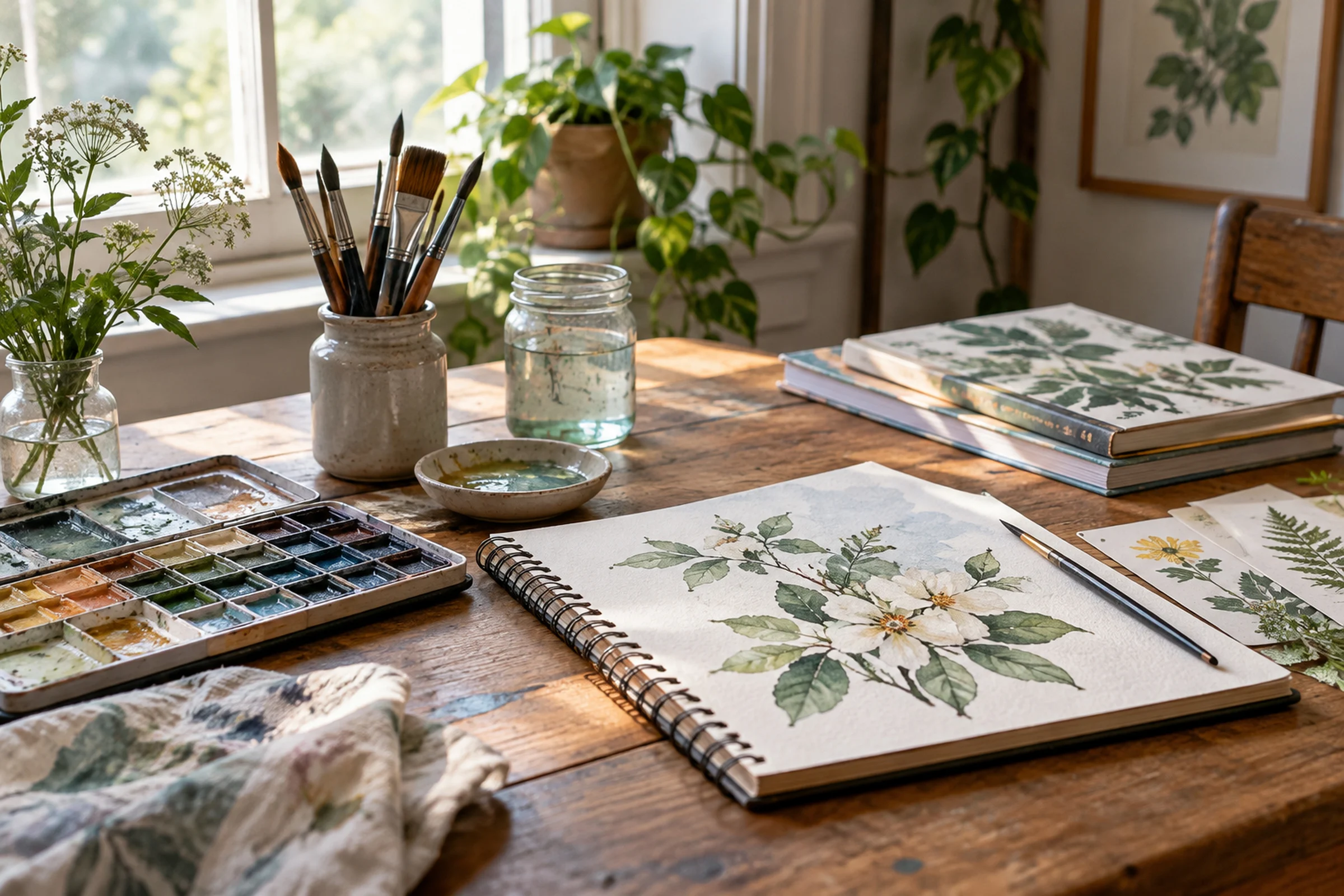 Watercolour paints, brushes in a jar and an open sketchbook with a painting of white flowers on a sunlit wooden table.