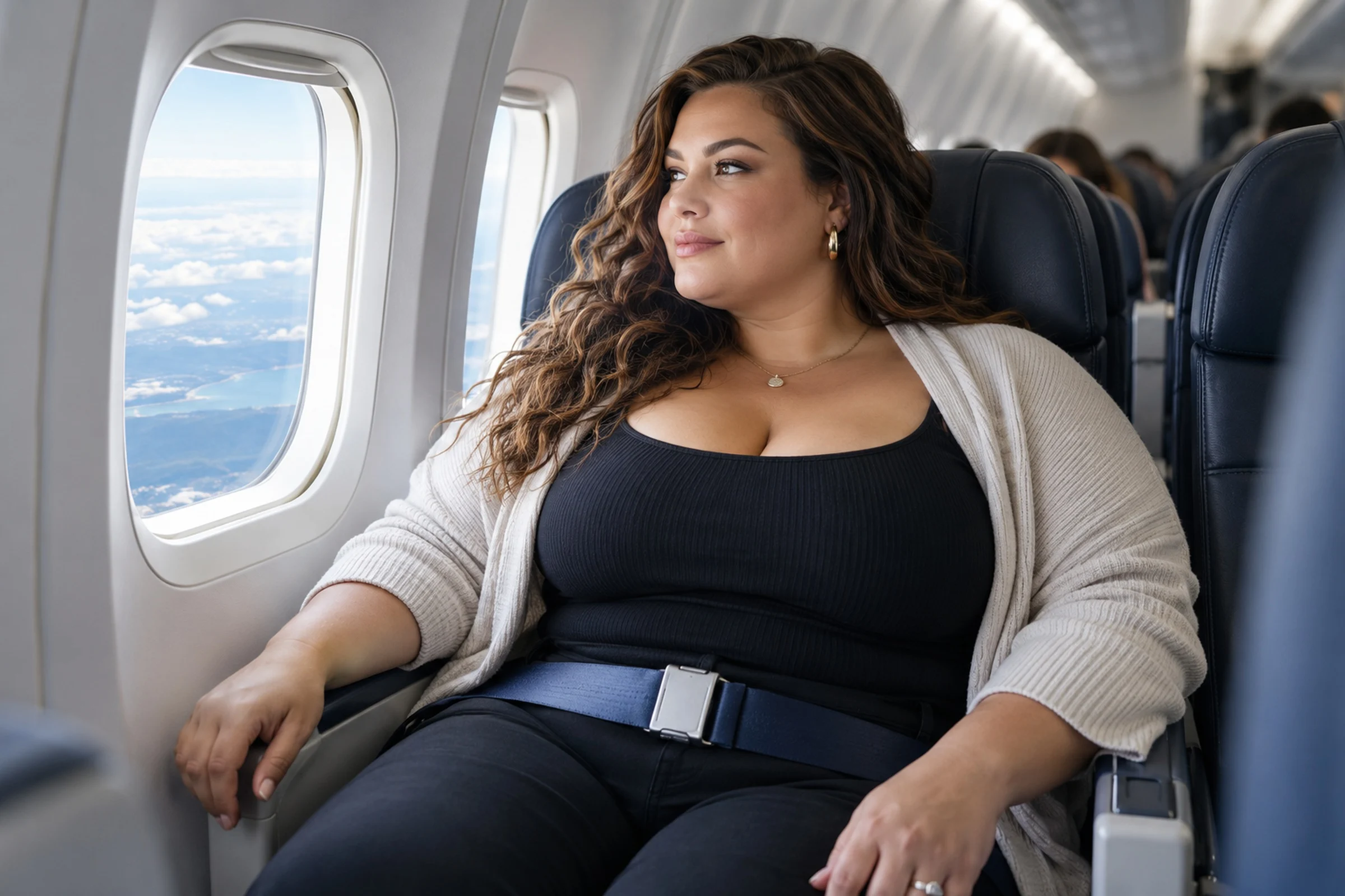 A woman in an aeroplane window seat looking out at the clouds.